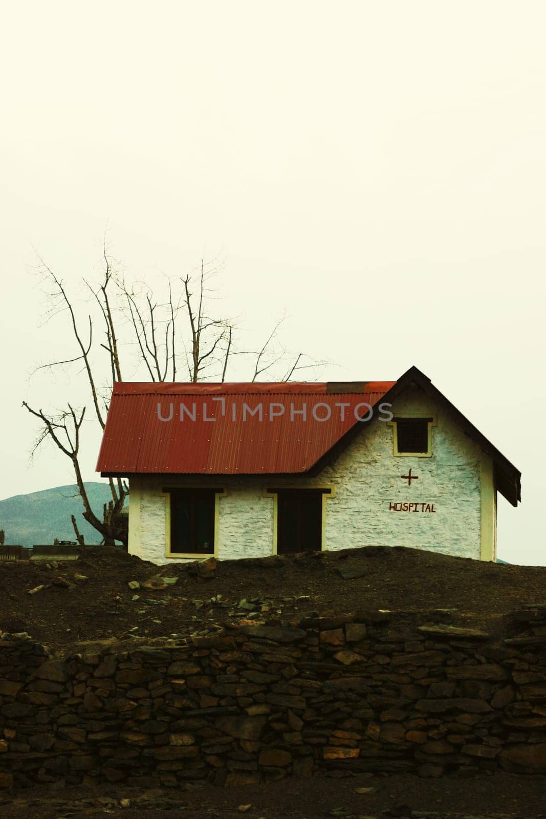 Stone wall in front of a hospital, Muktinath, Annapurna Range, Himalayas, Nepal