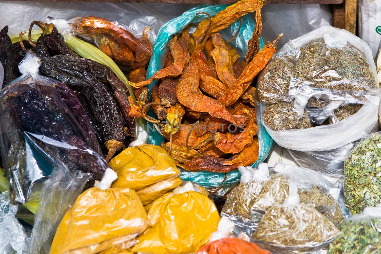 High angle view of assorted spices at a spice stall, Pisaq, Cuzco, Peru