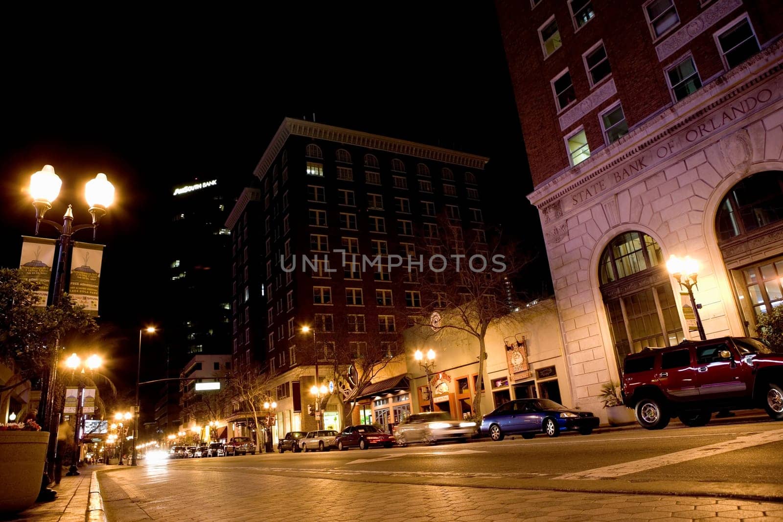 Low angle view of buildings on the roadside, Orlando, Florida, USA