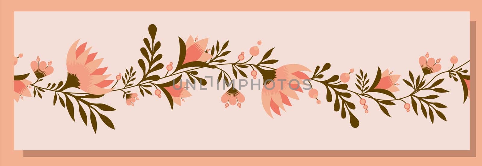 Spring trend pattern. Seamless border for printing on fabric and textile design. Fashionable print for paper in ethnic style. Vector illustration. Pink color.