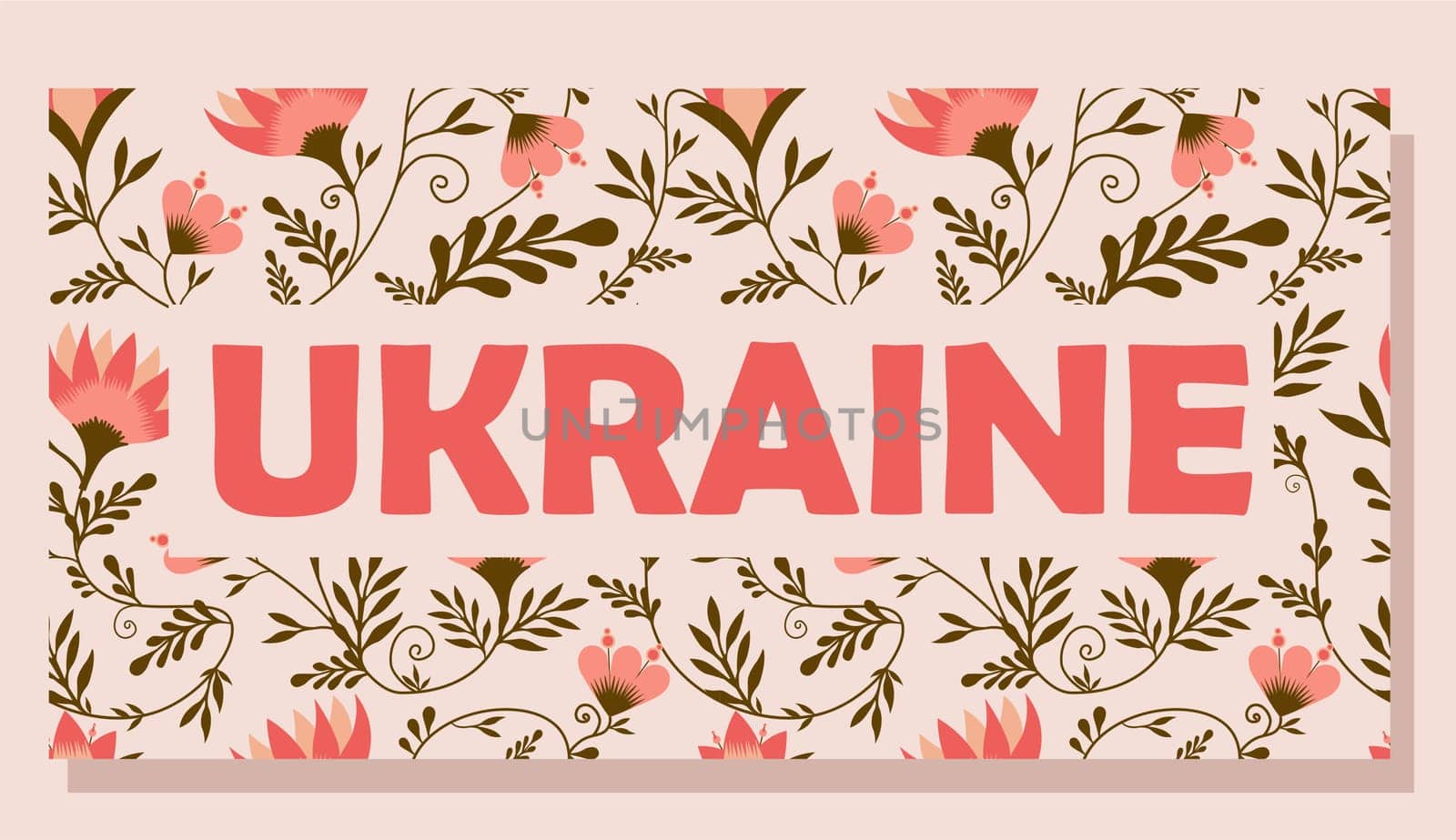 Ukraine banner or poster. Text Ukraine. DECORATIVE INSCRIPTION. FOLKLORE STYLE. Petrikovskaya painting. folk art.