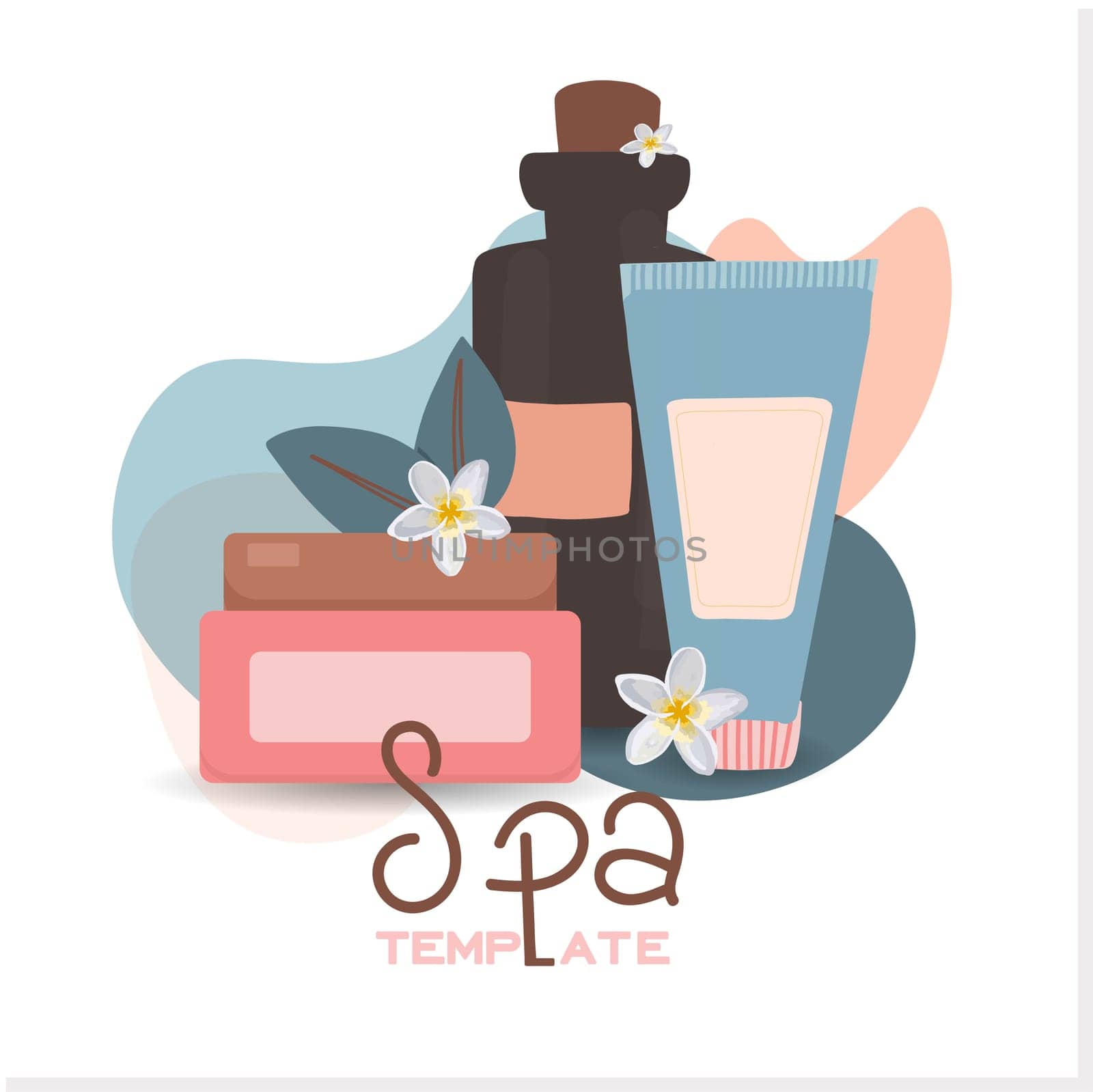 Relaxing spa set on white background, close up. Cosmetics advertising illustration, simple and healthy skin care concept, product layout. Advertising poster for a spa salon.