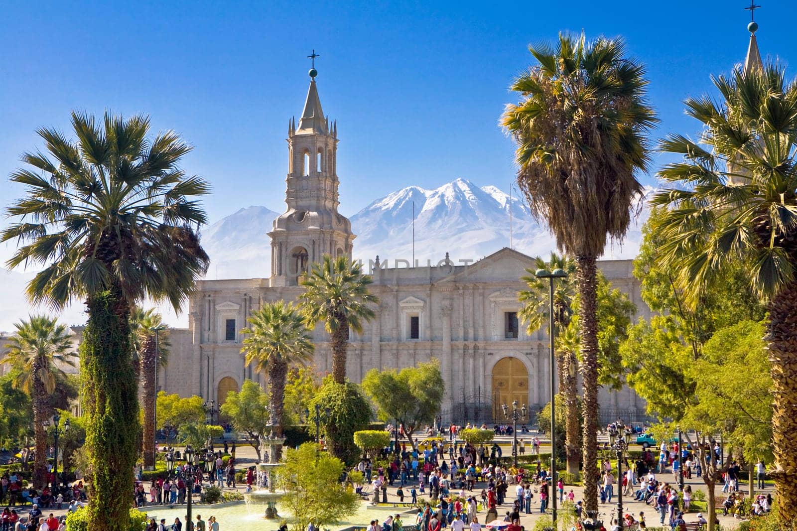Tourists in front of a cathedral, Plaza-de-Armas, Arequipa, Peru