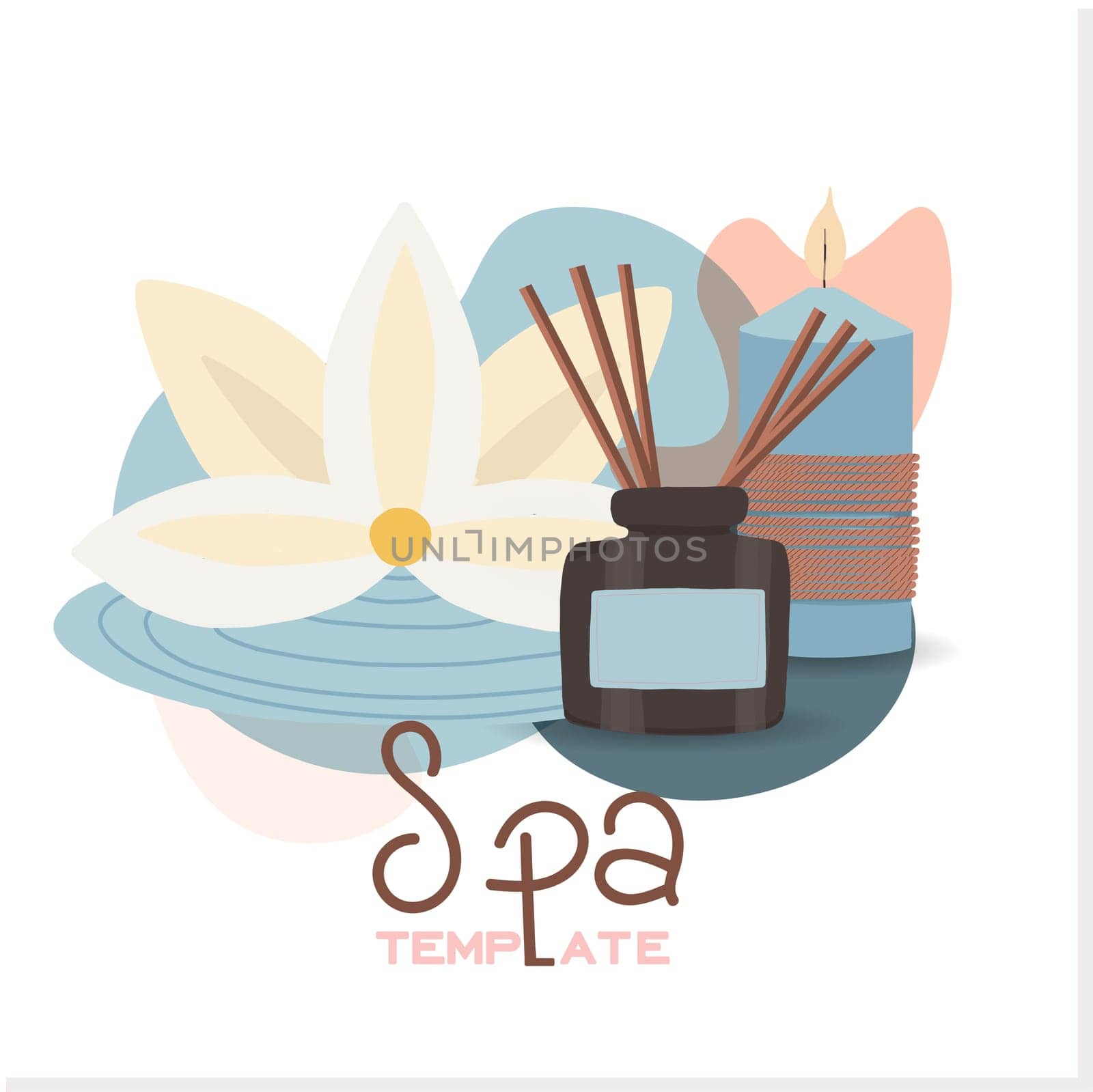 Relaxing spa set on white background, close up. Cosmetics advertising illustration, simple and healthy skin care concept, product layout. Advertising poster for a spa salon.