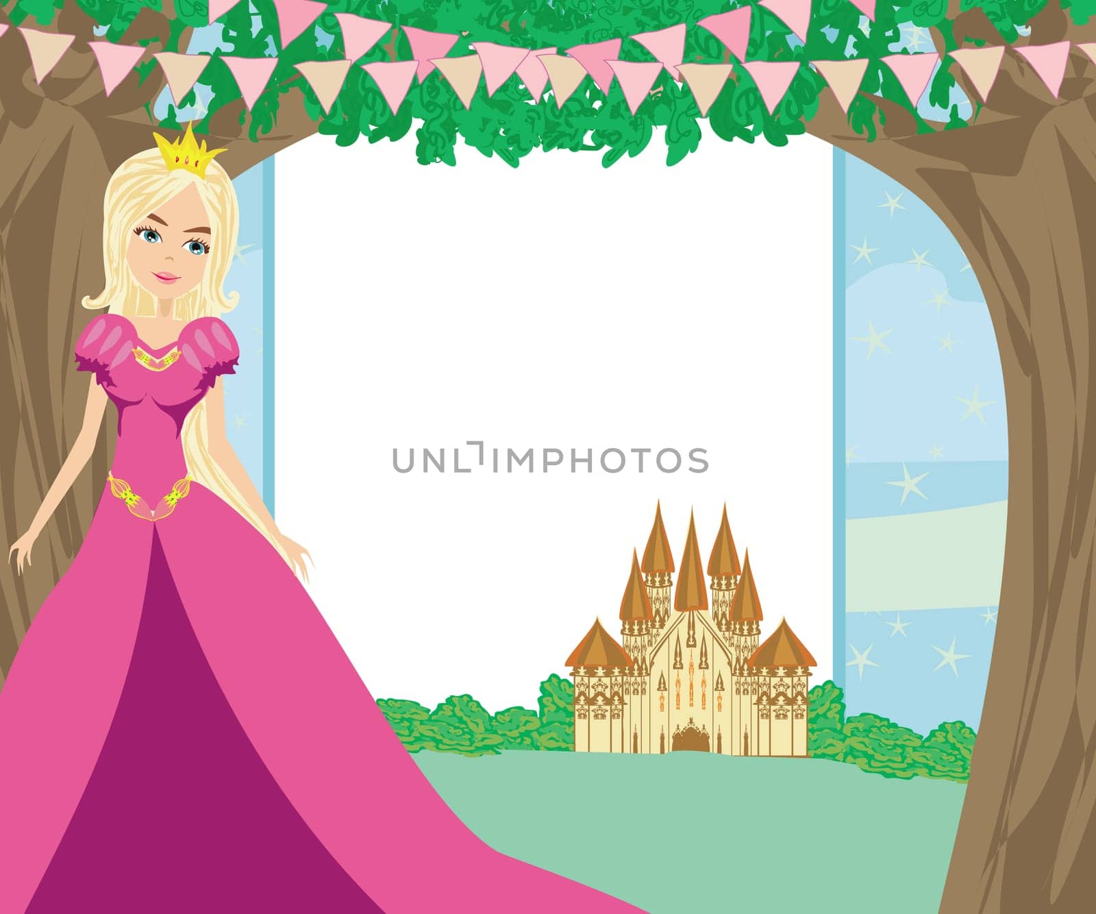 Beautiful queen in front of her castle card