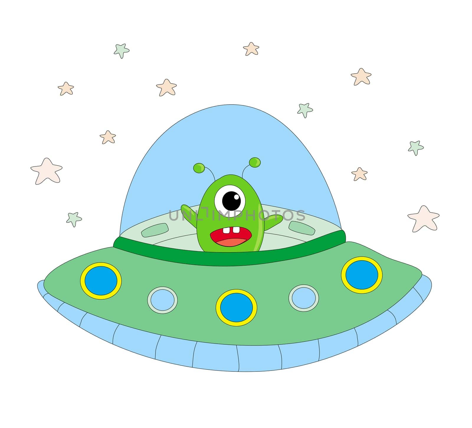 funny alien in a spaceship - isolated illustration
