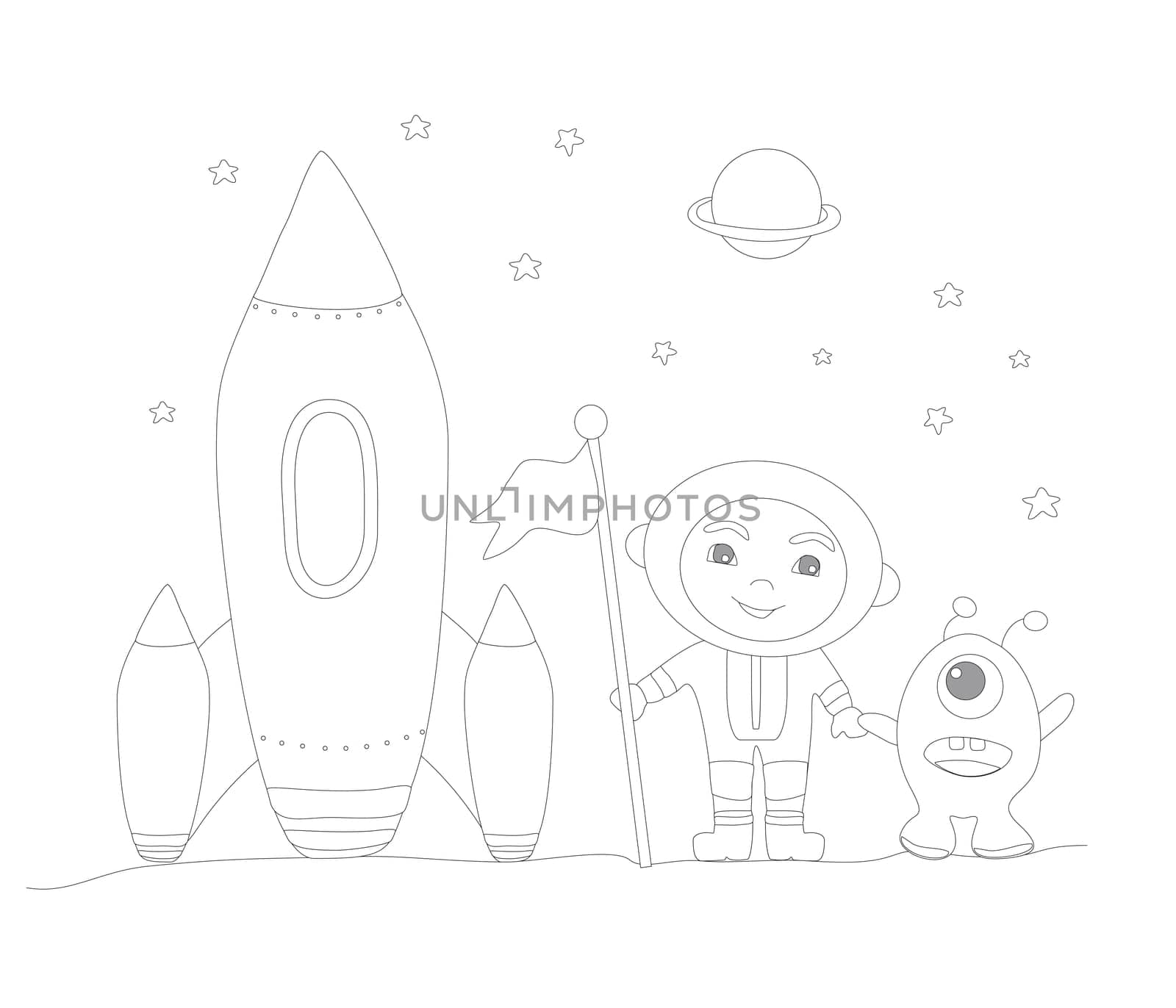 cute boy astronaut and alien - funny coloring book