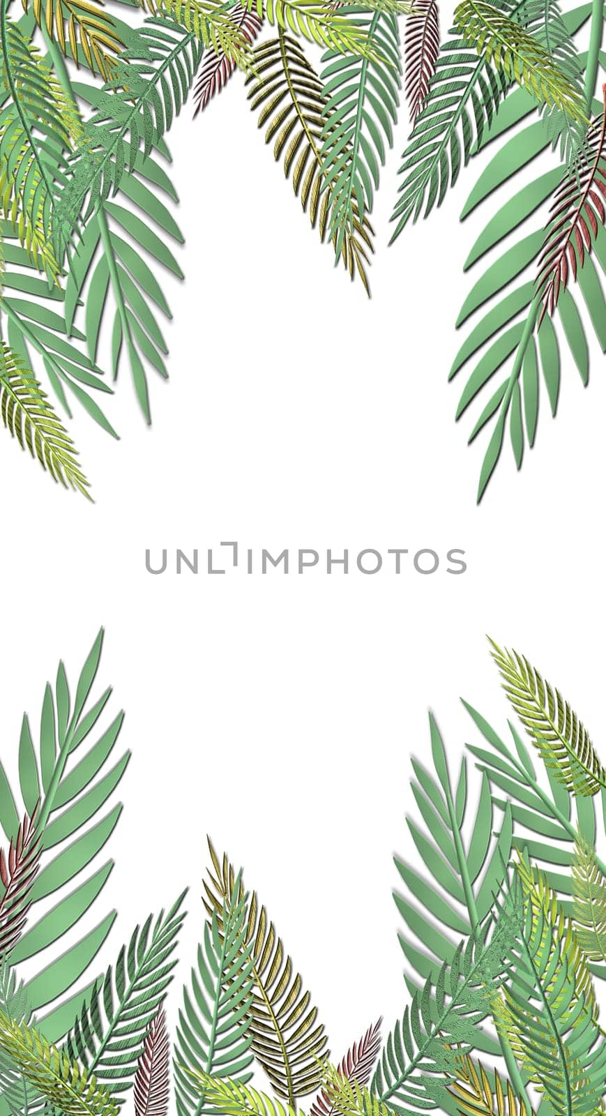Tropical green leaves pattern on white background. Exotic wallpaper. 3D illustration