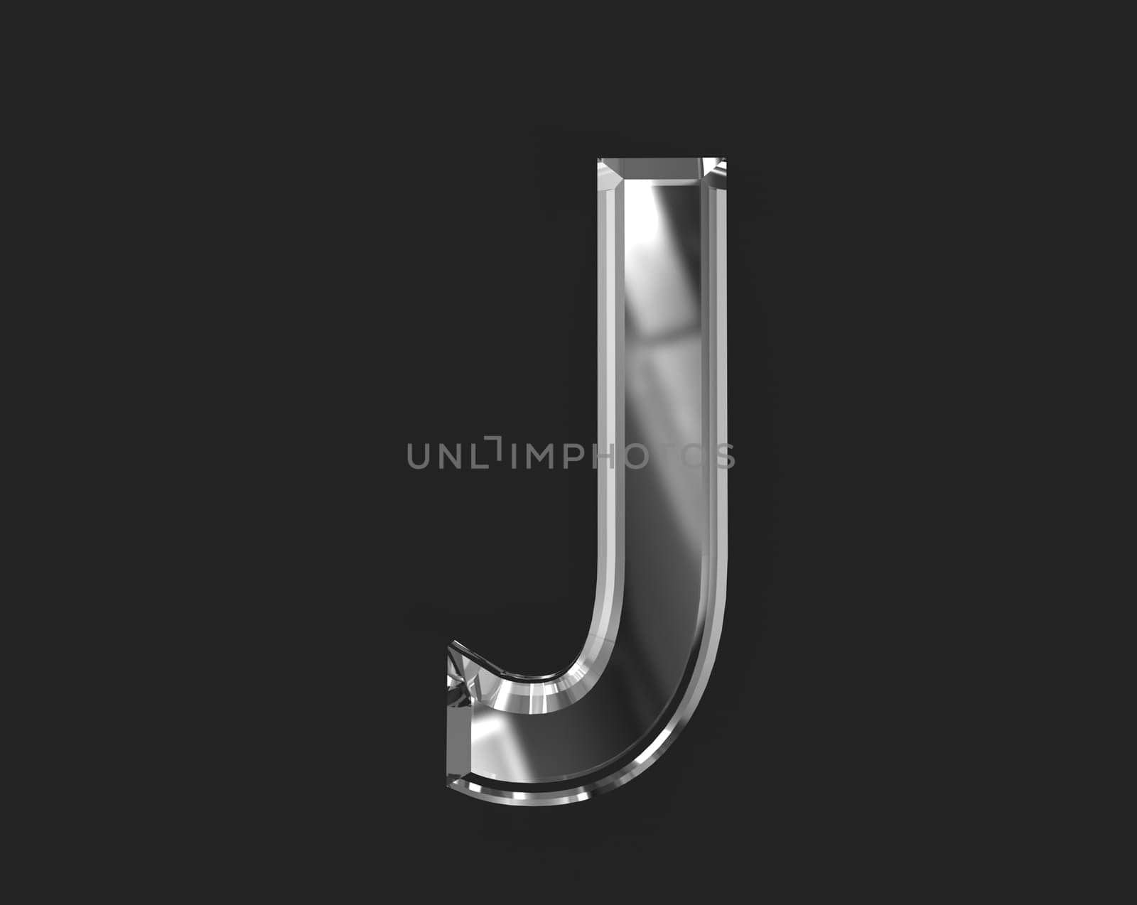 White polished reflective transparent font - letter J isolated on dark background, 3D illustration of symbols