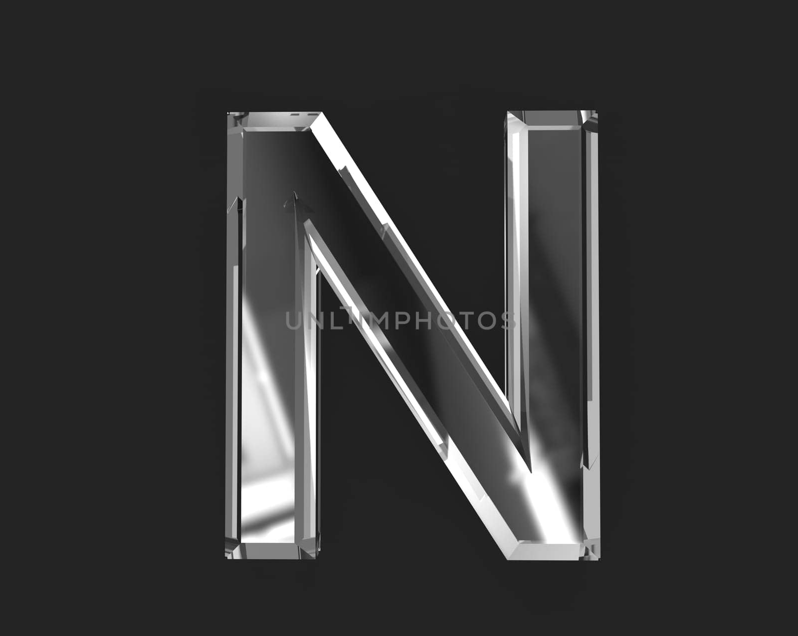 White polished reflective crystal alphabet - letter N isolated on dark, 3D illustration of symbols