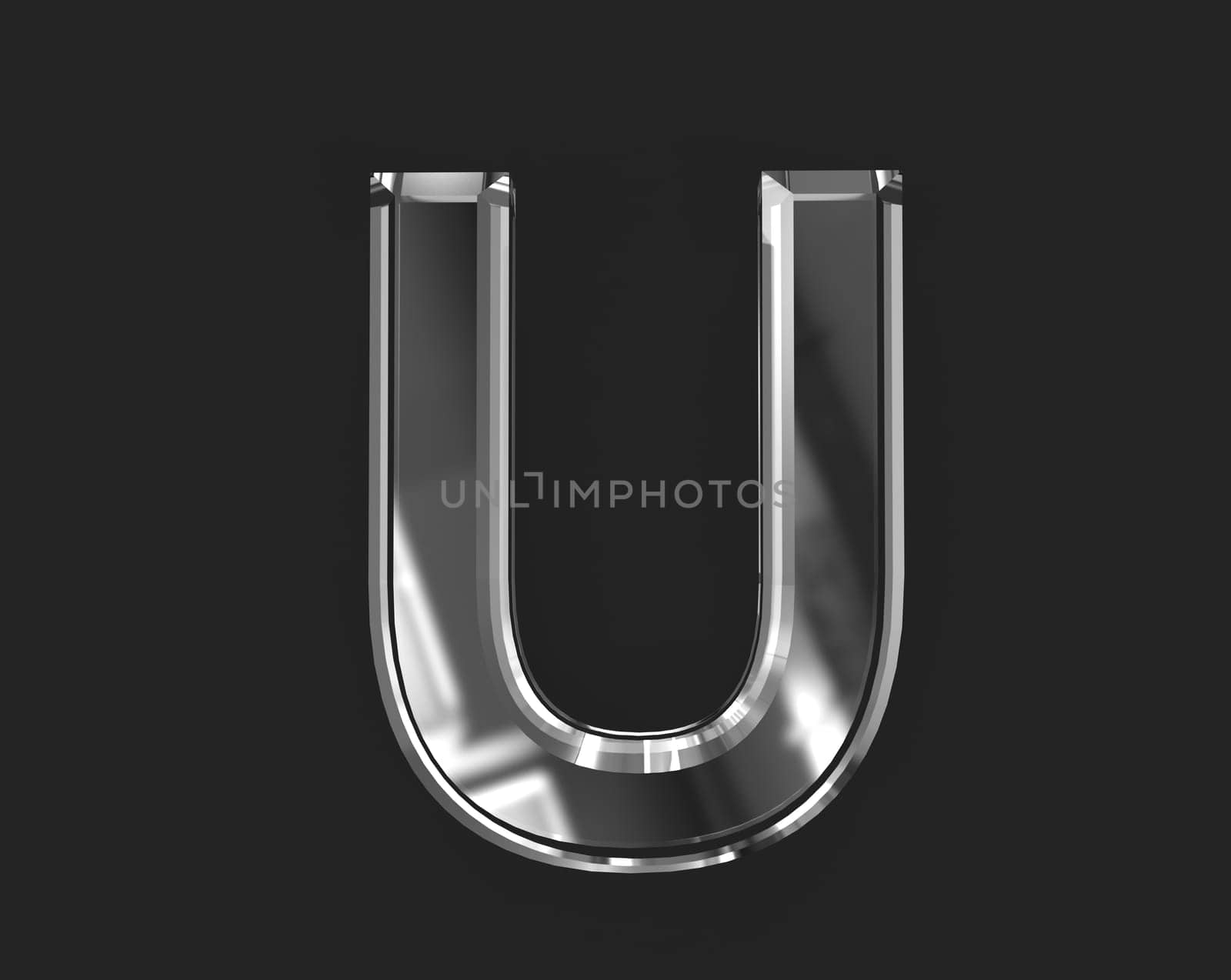 White shiny glass made crystal alphabet - letter U isolated on dark background, 3D illustration of symbols
