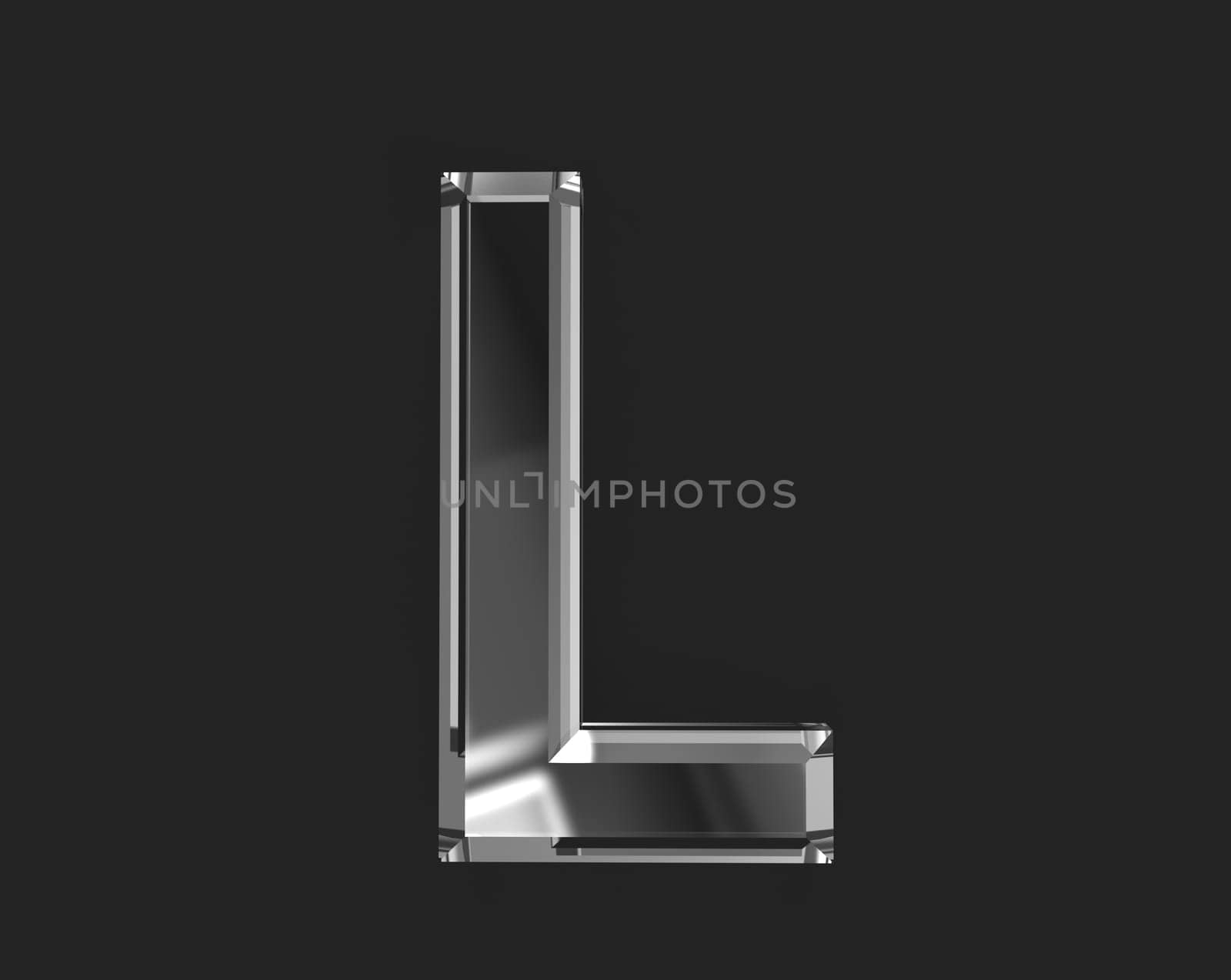 White shine glass made transparent alphabet - letter L isolated on dark background, 3D illustration of symbols