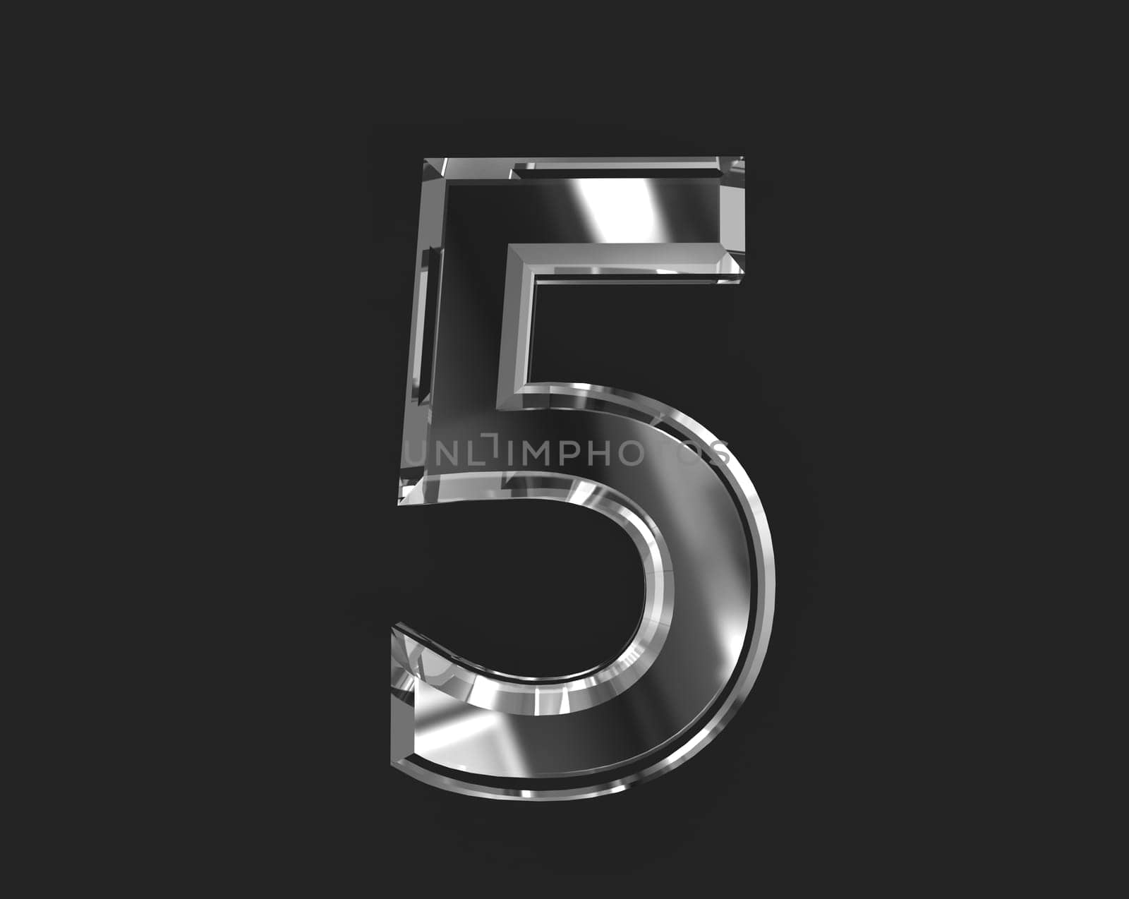 White glossy reflective transparent alphabet - number 5 isolated on dark, 3D illustration of symbols