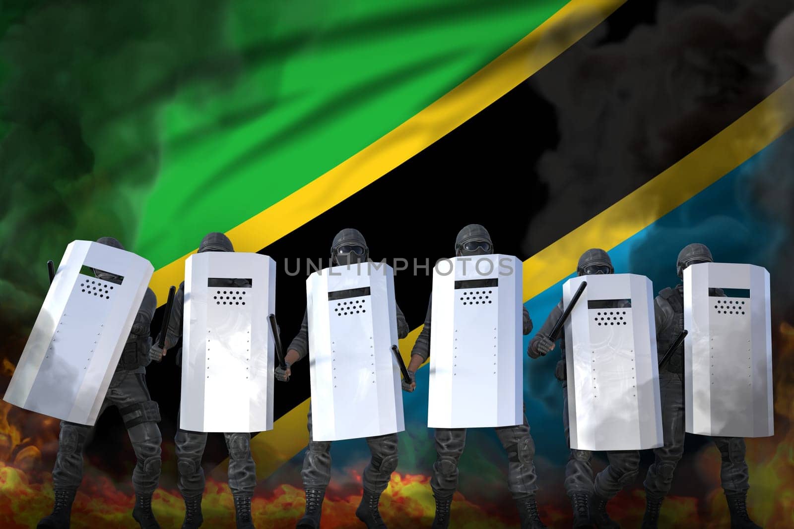 Tanzania protest fighting concept, police squad protecting government against demonstration - military 3D Illustration on flag background