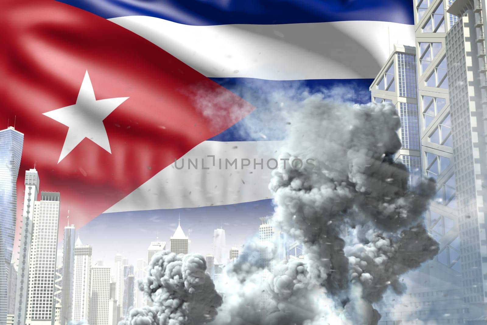 big smoke pillar in the modern city - concept of industrial disaster or terroristic act on Cuba flag background, industrial 3D illustration