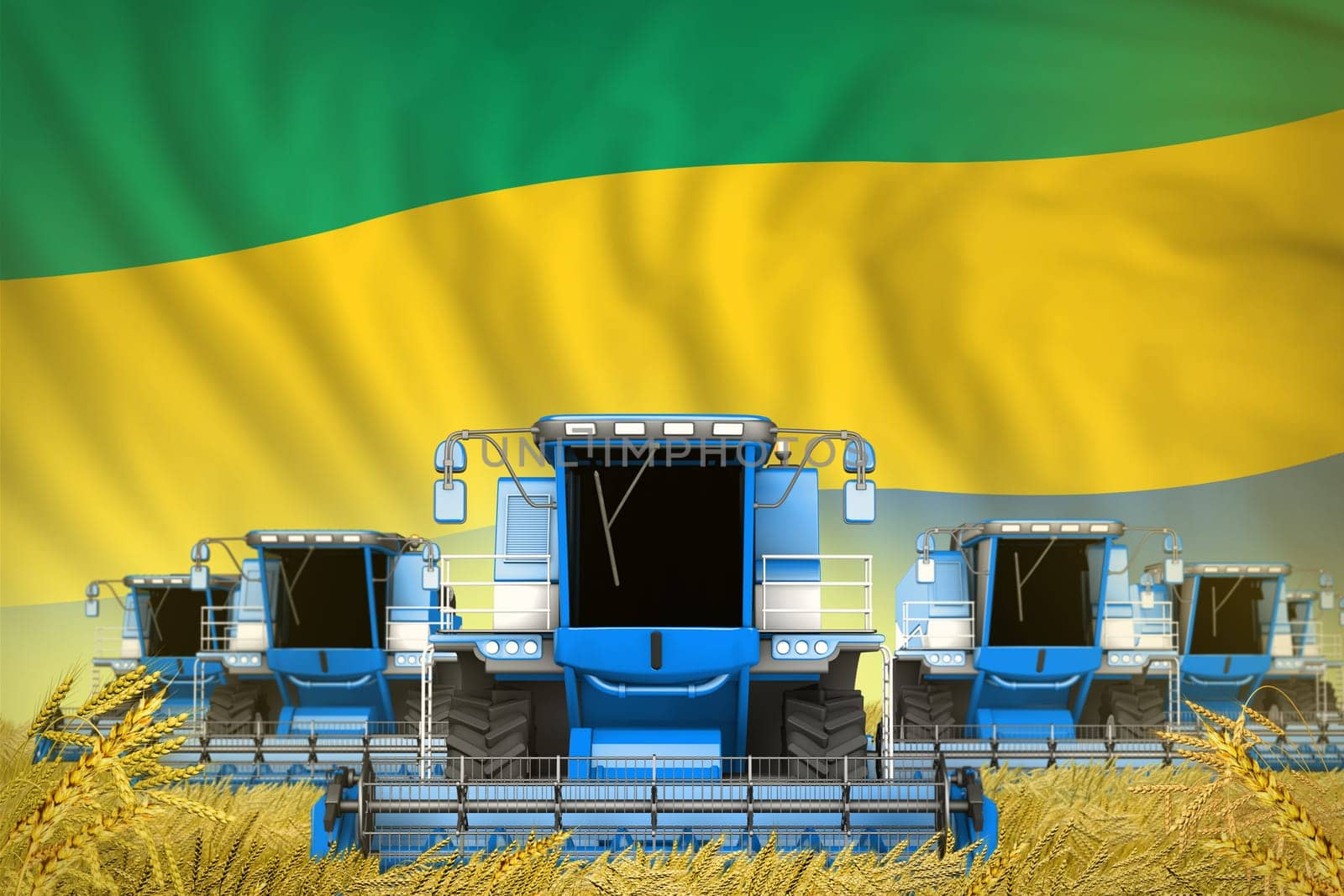 a lot of blue farming combine harvesters on rural field with Gabon flag background - front view, stop starving concept - industrial 3D illustration