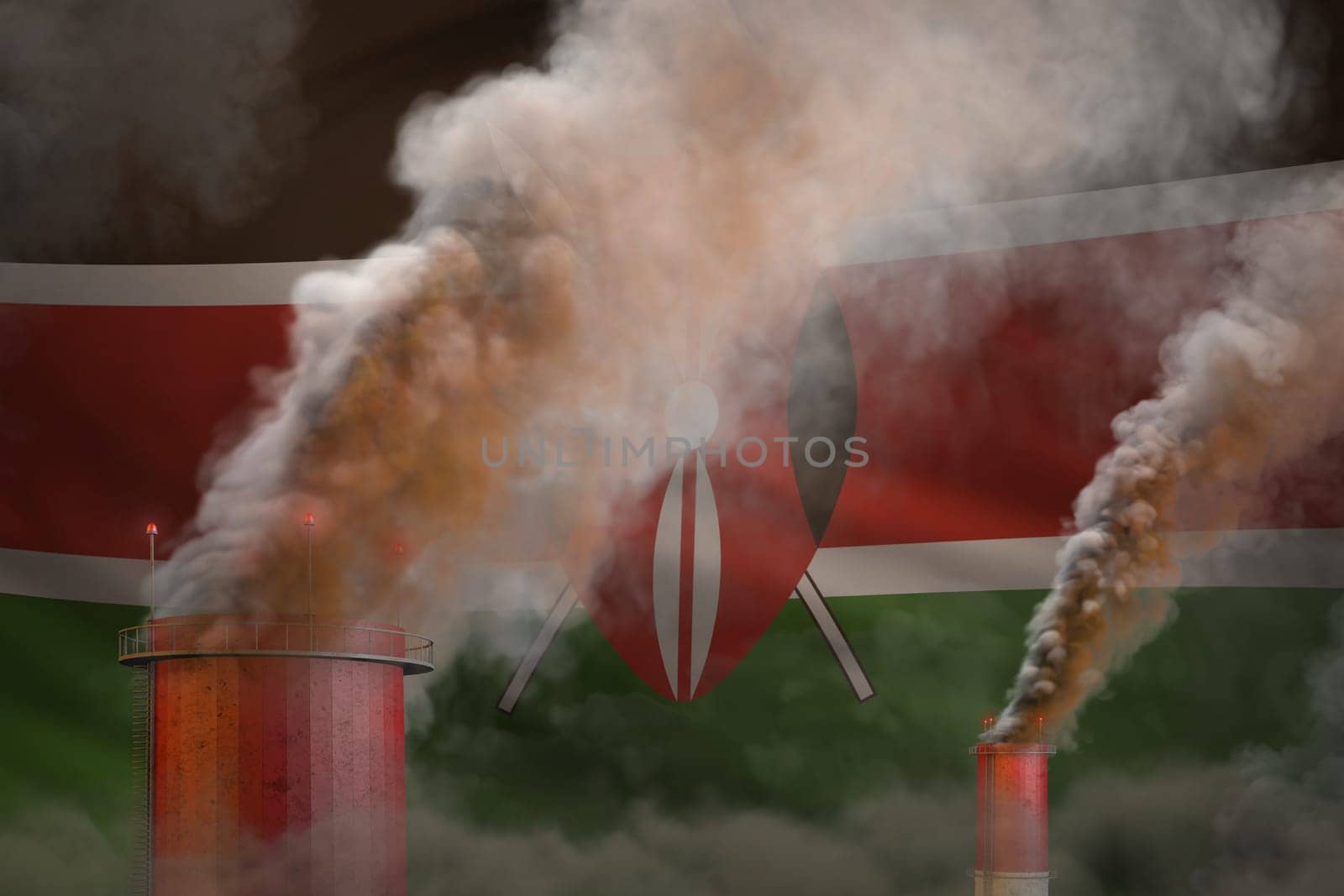 Global warming concept - dense smoke from plant chimneys on Kenya flag background with space for your logo - industrial 3D illustration