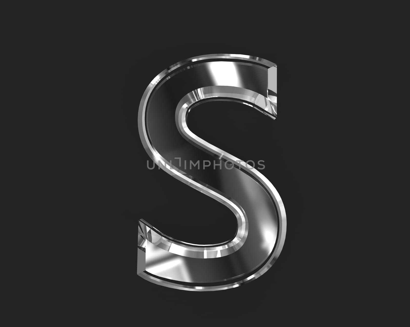 White shine glassy transparent font - letter S isolated on dark, 3D illustration of symbols