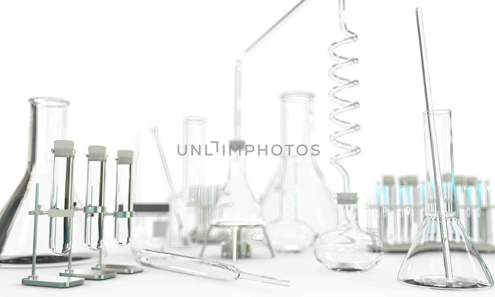 lab test-tubes and other science glassware empty on white background - study concept, 3D illustration of objects