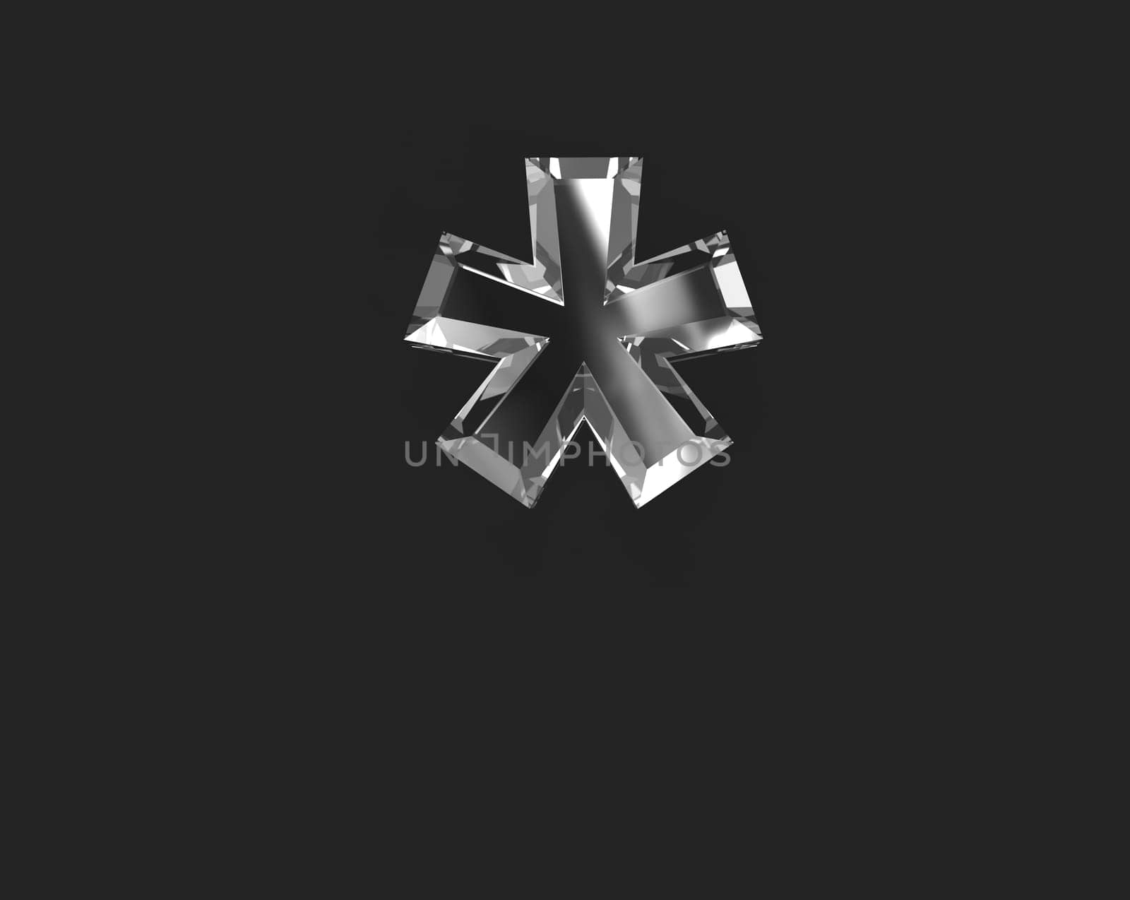 White shine reflective transparent alphabet - asterisk isolated on dark background, 3D illustration of symbols