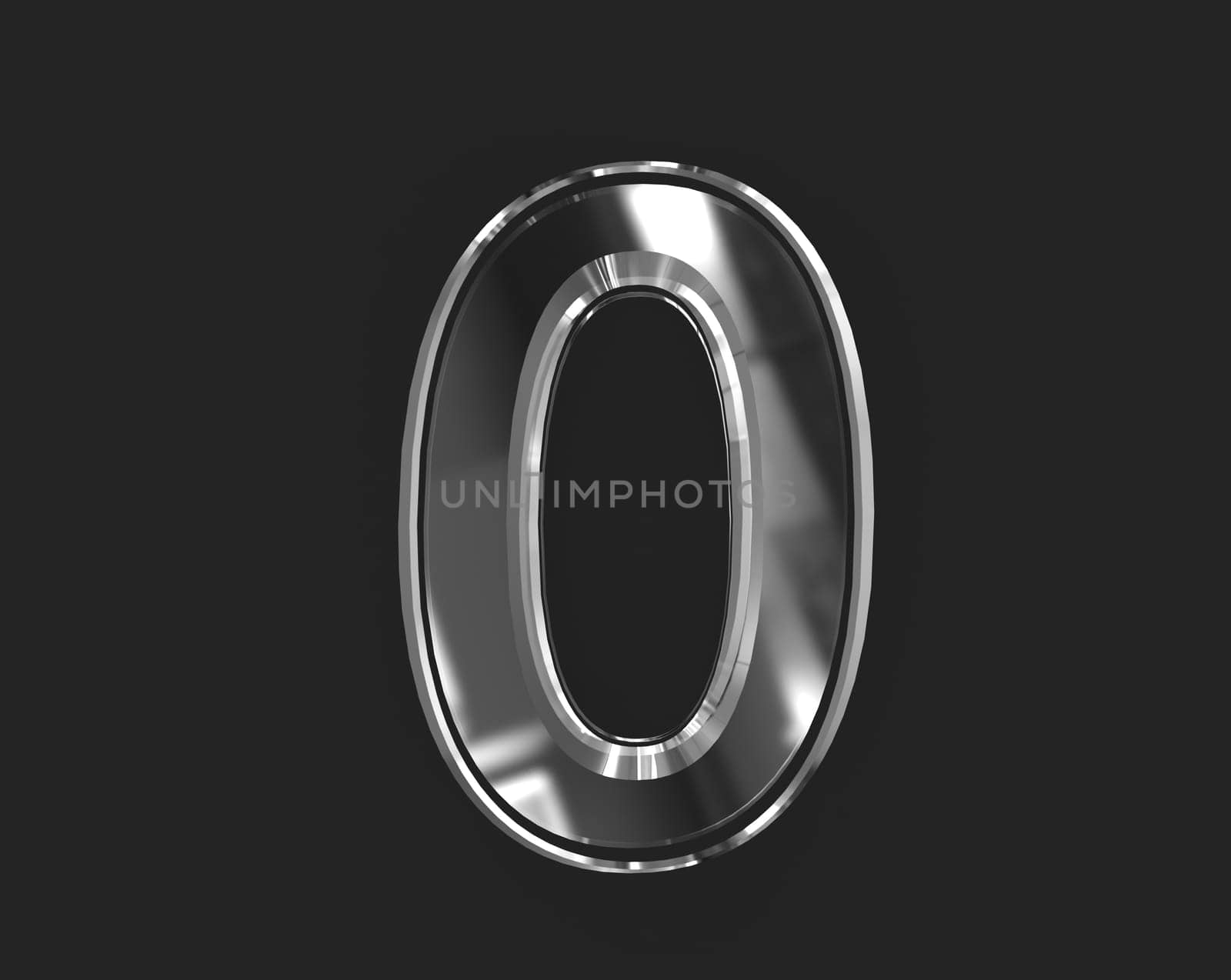 White glossy glassy transparent font - number 0 isolated on dark, 3D illustration of symbols