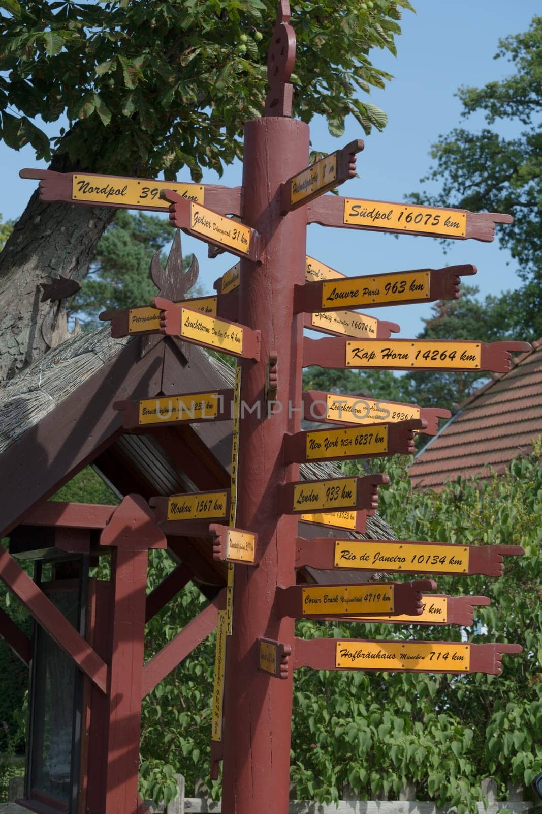 PREROW, GERMANY - July 31, 2018:..Signpost, Ostseebad Prerow, Mecklenburg-West Pomerania, Germany