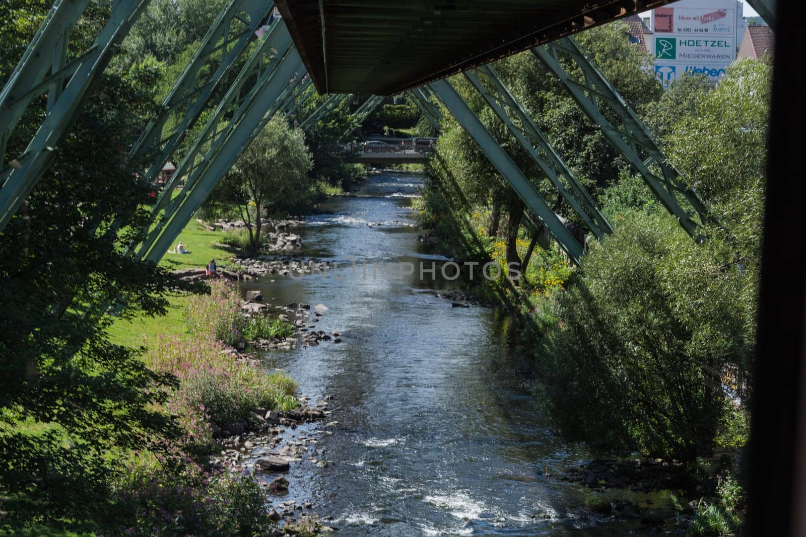 WUPPERTAL  NRW  GERMANY - JULY 31  2017:..The supporting framework of the Wuppertaler suspension railway consists of a steel framework with inclined supports and suspended steel bridges so-called Rieppelträger.
