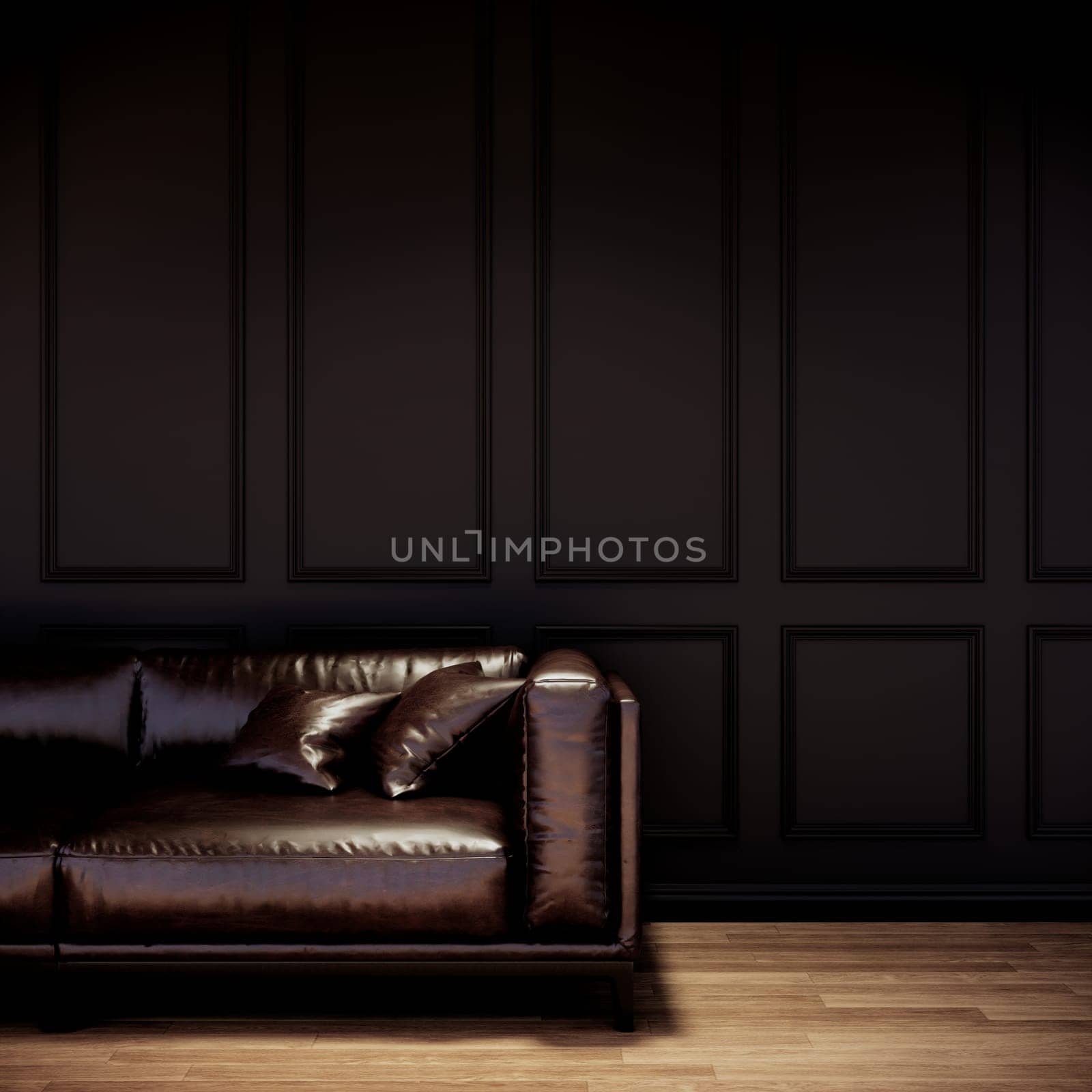Living room interior in classic modern style, black wall and wood floor. 3d render