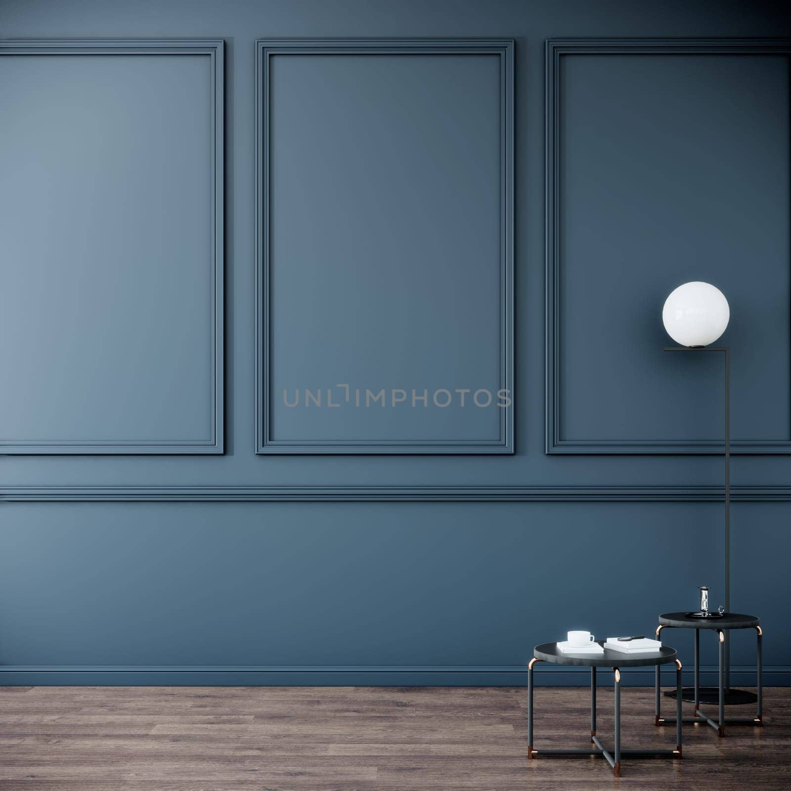 interior design of a room with furniture on blue-gray wall background. 3d rendering