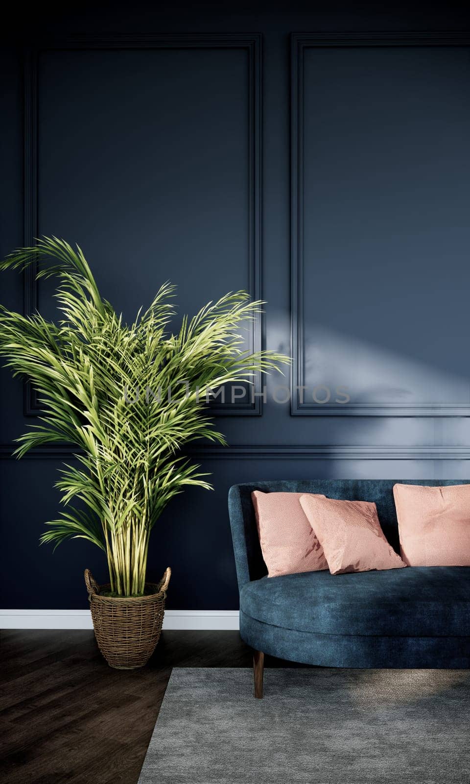 The interior has a green sofa and tree on empty blue-gray wall background. 3d rendering