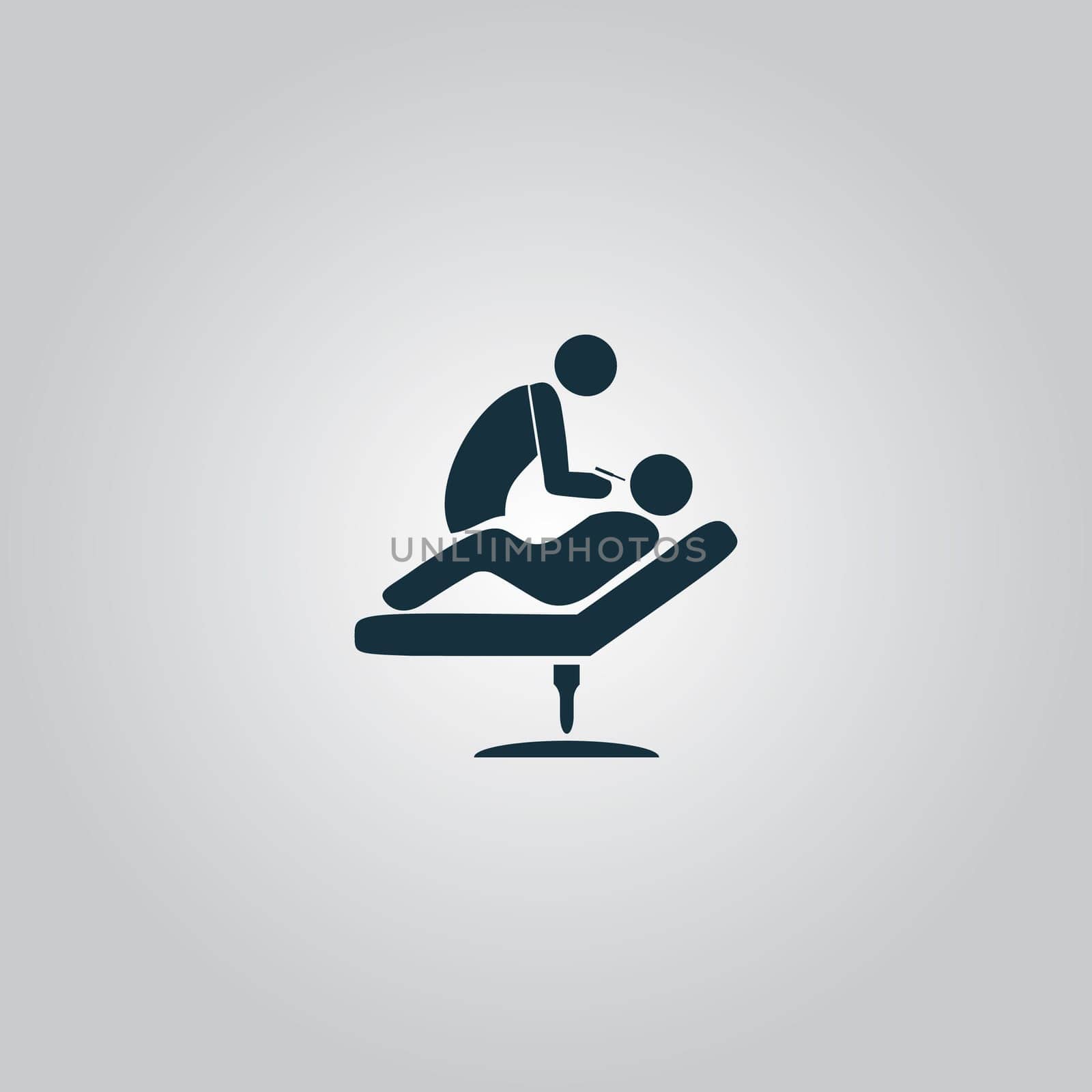 Dental clinic. Dentist treats teeth man in a chair. Flat web icon, sign or button isolated on grey background. Collection modern trend concept design style vector illustration symbol