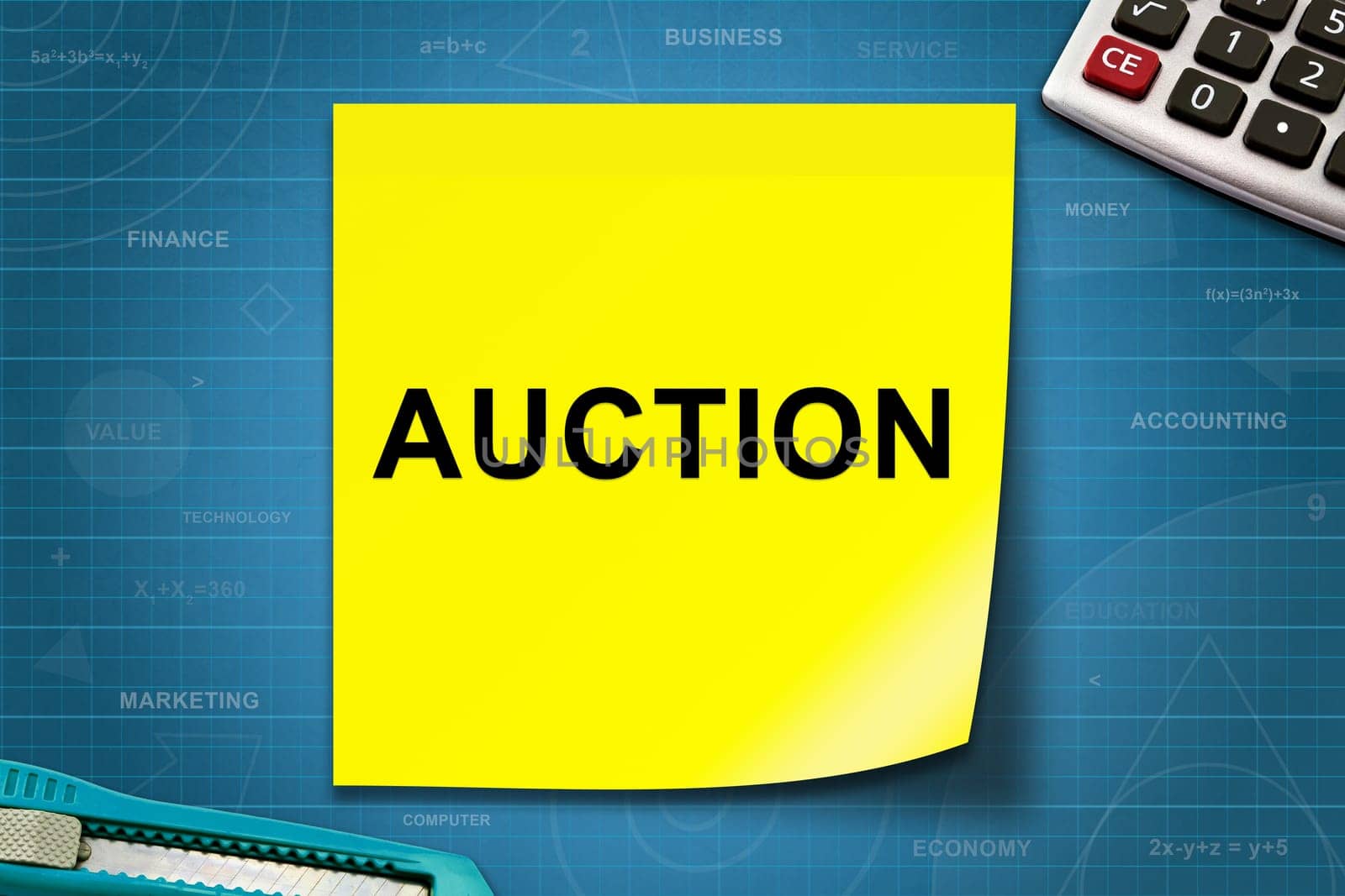 Auction text on yellow note with graph paper