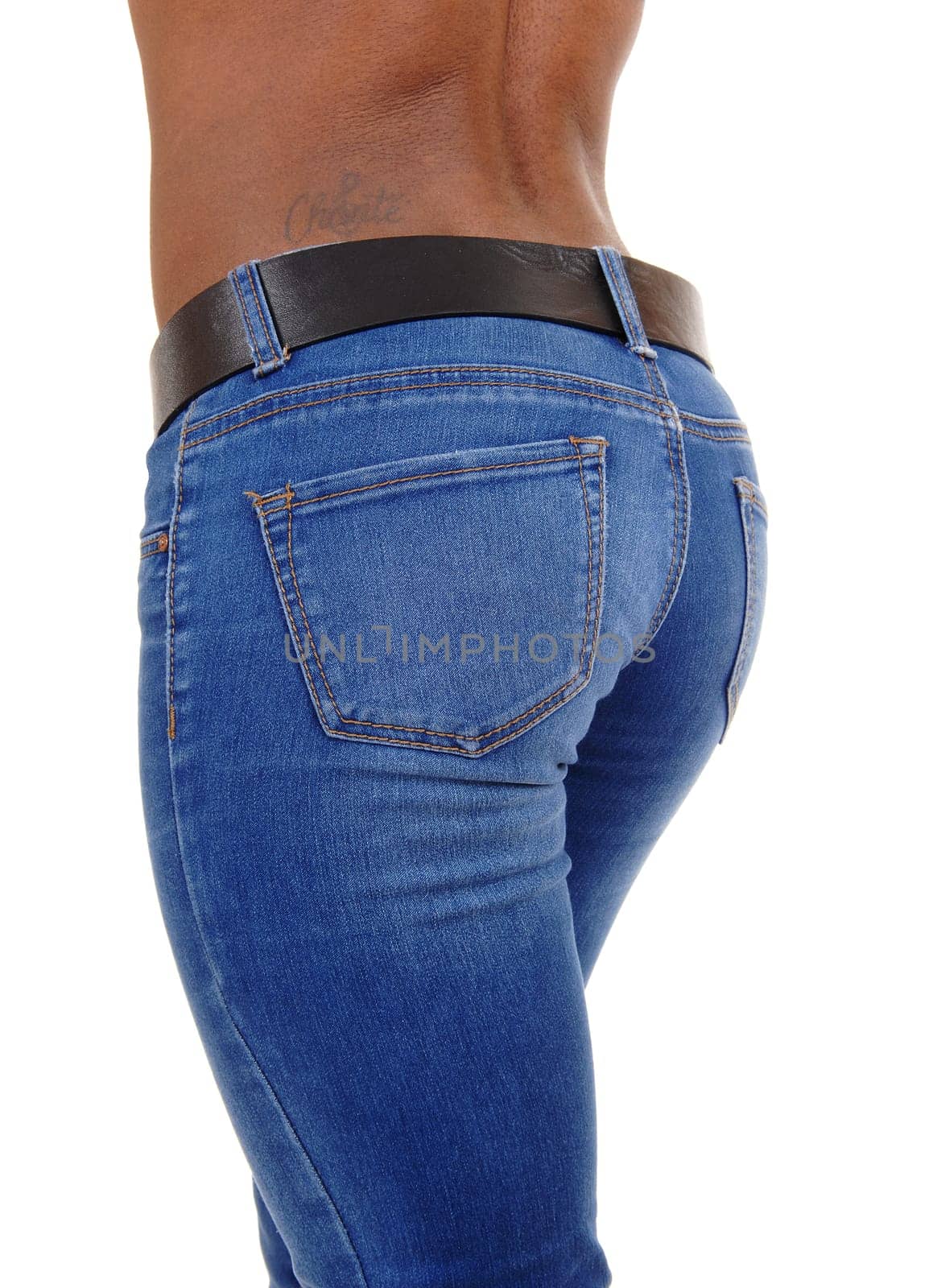 A closeup picture of the bottom of a young black woman in jeans,.isolated for white background..