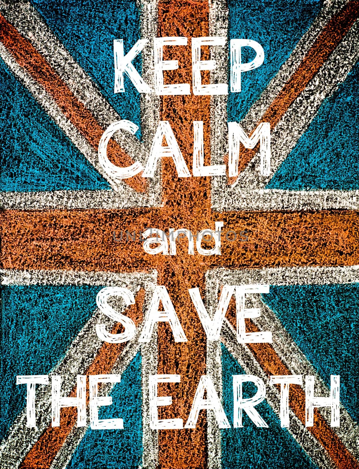 Keep Calm and Save the Earth.  United Kingdom (British Union jack) flag, vintage hand drawing with chalk on blackboard, humor concept image