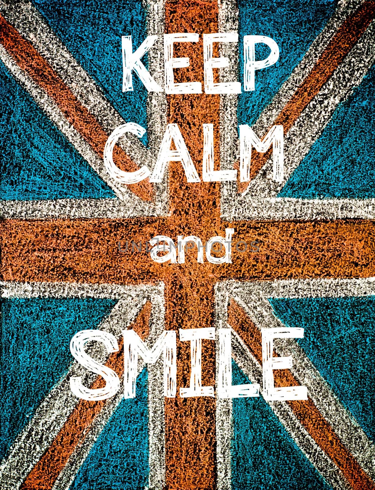 Keep Calm and Smile. United Kingdom (British Union jack) flag, vintage hand drawing with chalk on blackboard, humor concept image