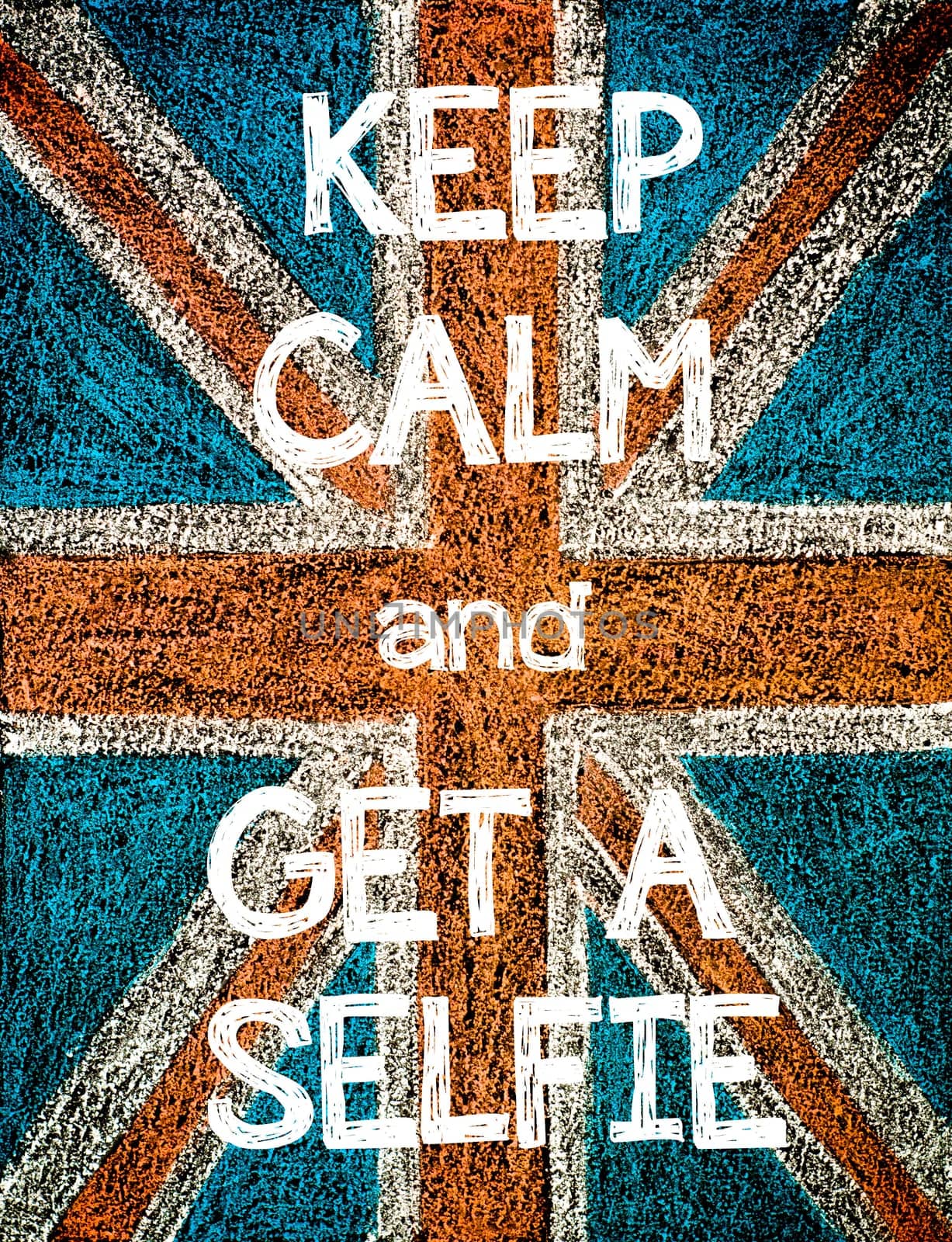 Keep Calm and Get a Selfie. United Kingdom (British Union jack) flag, vintage hand drawing with chalk on blackboard, humor concept image