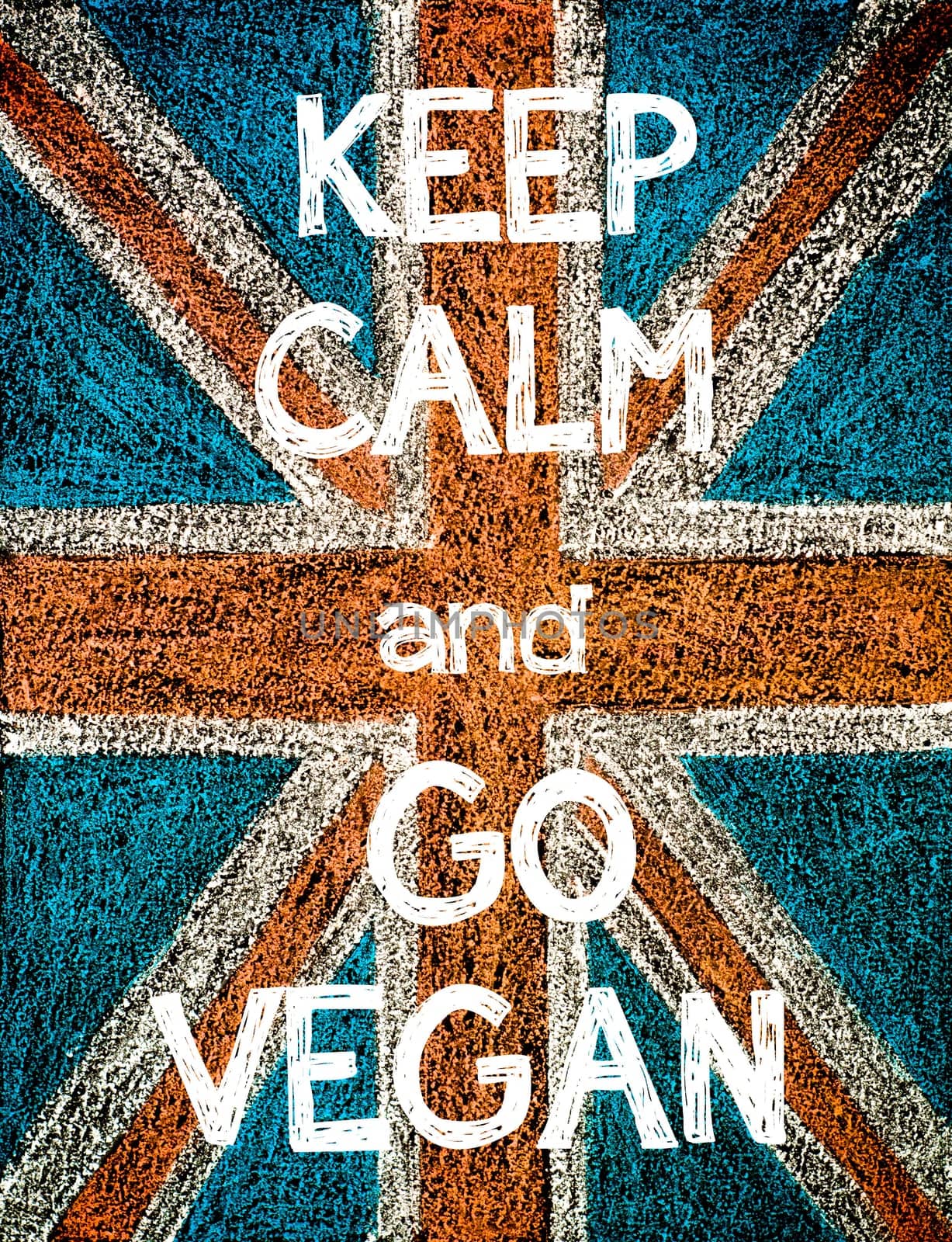 Keep Calm and Go Vegan. United Kingdom (British Union jack) flag, vintage hand drawing with chalk on blackboard, humor concept image