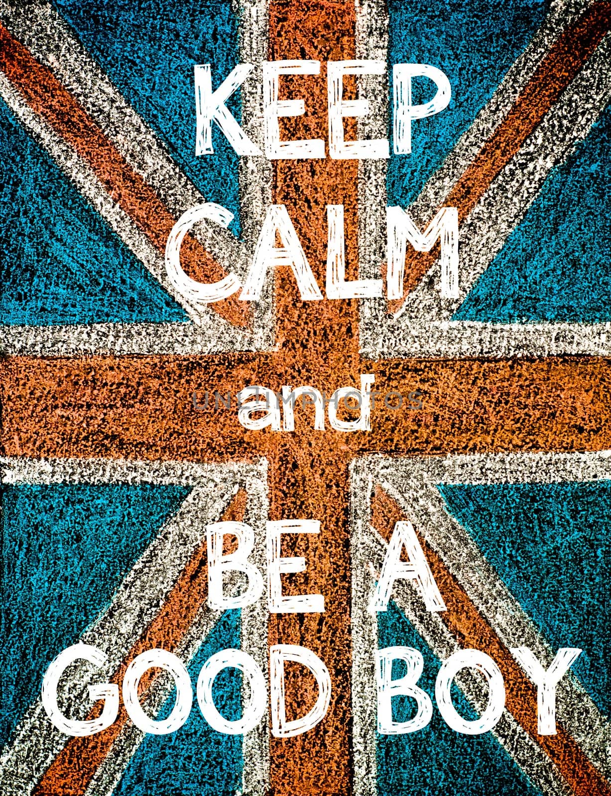 Keep Calm and be a Good Boy. United Kingdom (British Union jack) flag, vintage hand drawing with chalk on blackboard, humor concept image