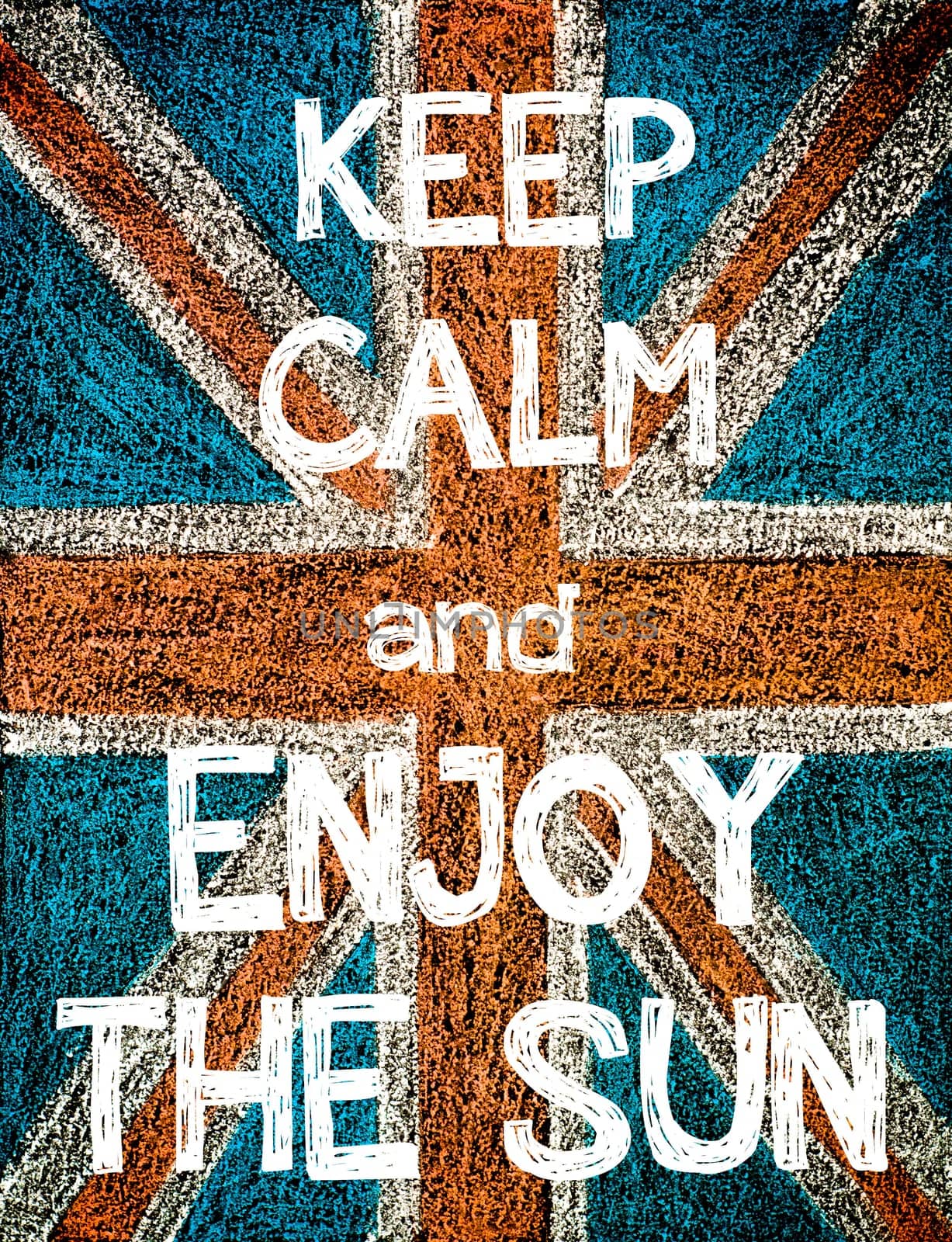 Keep Calm and Enjoy the Sun. United Kingdom (British Union jack) flag, vintage hand drawing with chalk on blackboard, humor concept image
