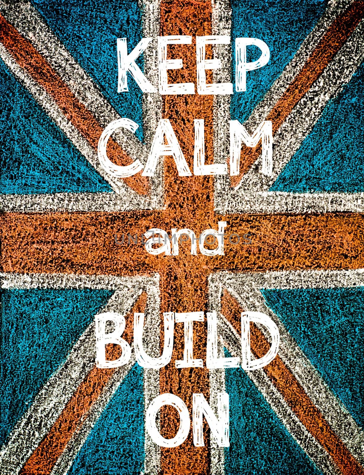 Keep Calm and Build On. United Kingdom (British Union jack) flag, vintage hand drawing with chalk on blackboard, humor concept image