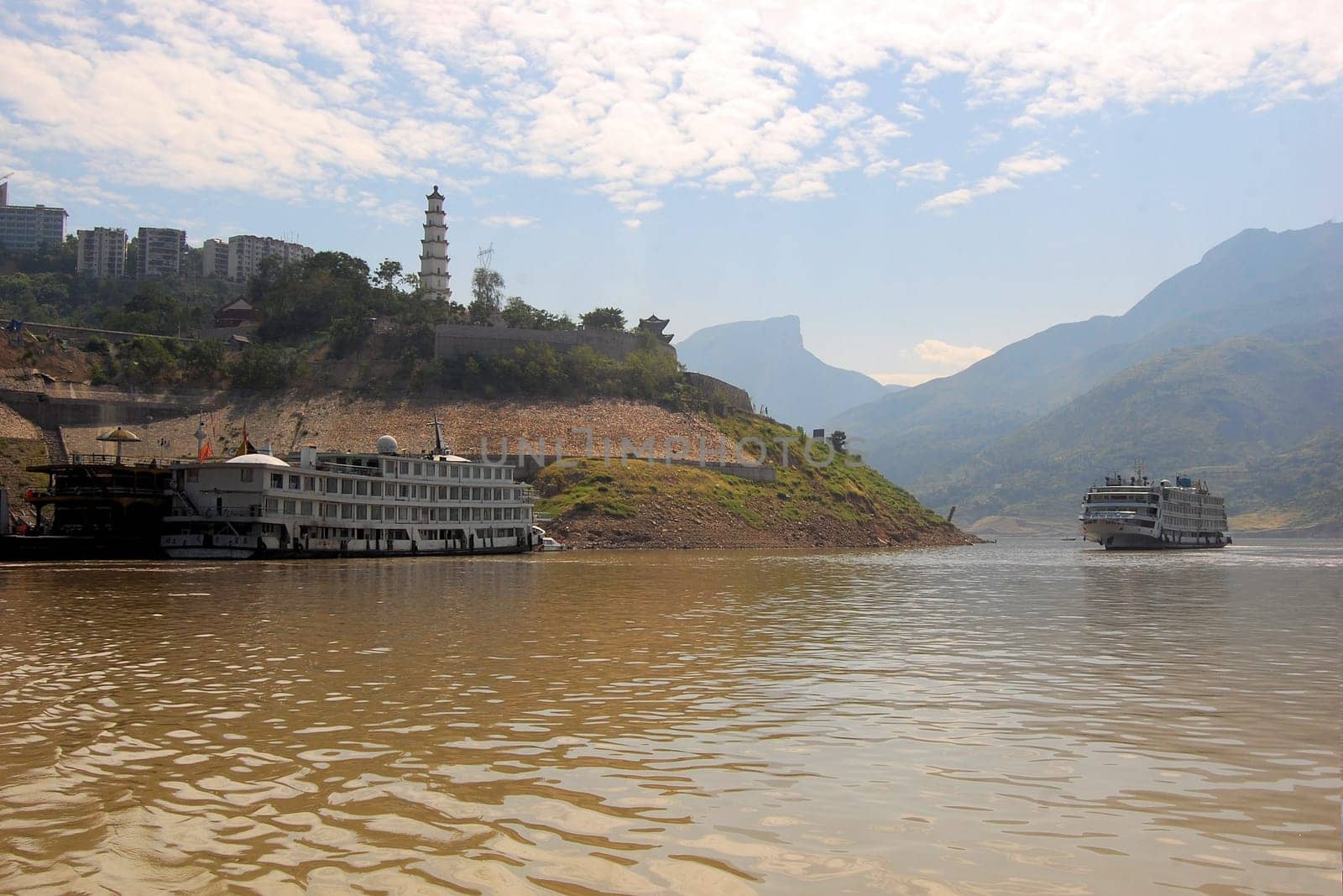 A view of the Yangtze river with cruise boats for tourists