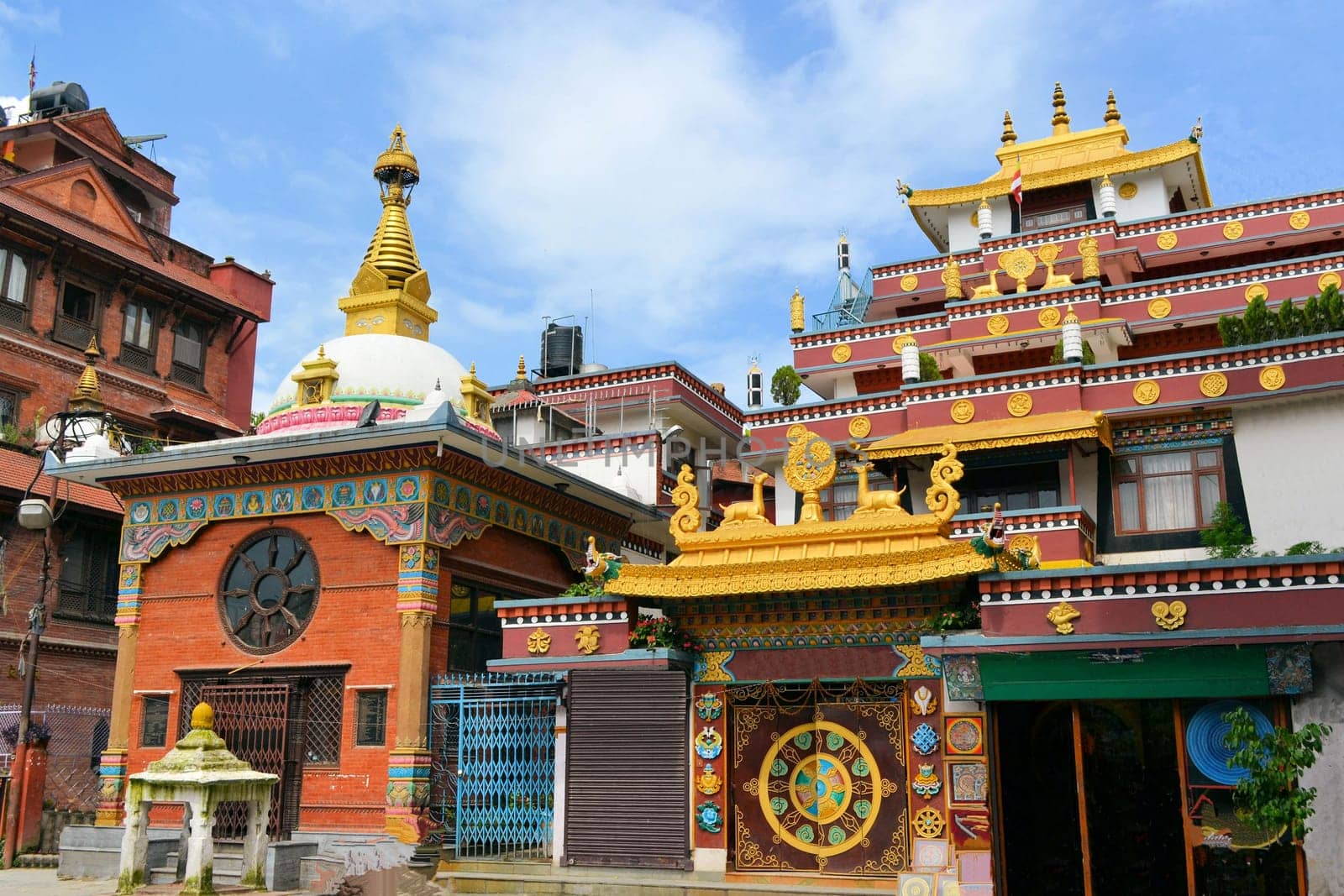 Mahayana Tibetan style Buddhist temple at UNESCO world heritage site Boudhanath Stupa in Kathmandu, Nepal