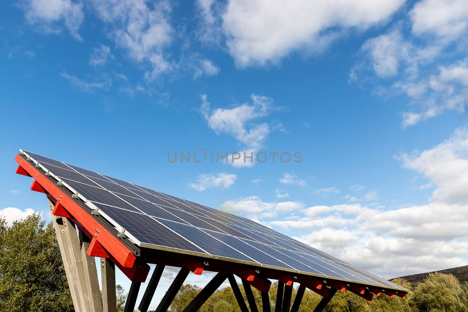 photovoltaic solar power panel on sky background, green clean Alternative power energy concept