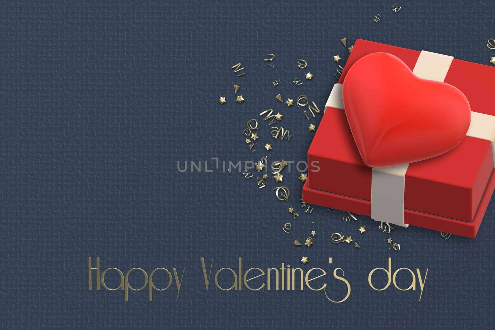 Valentine's day gift box red heart over blue background. Gold text Happy Valentine's day with heart. 3D render