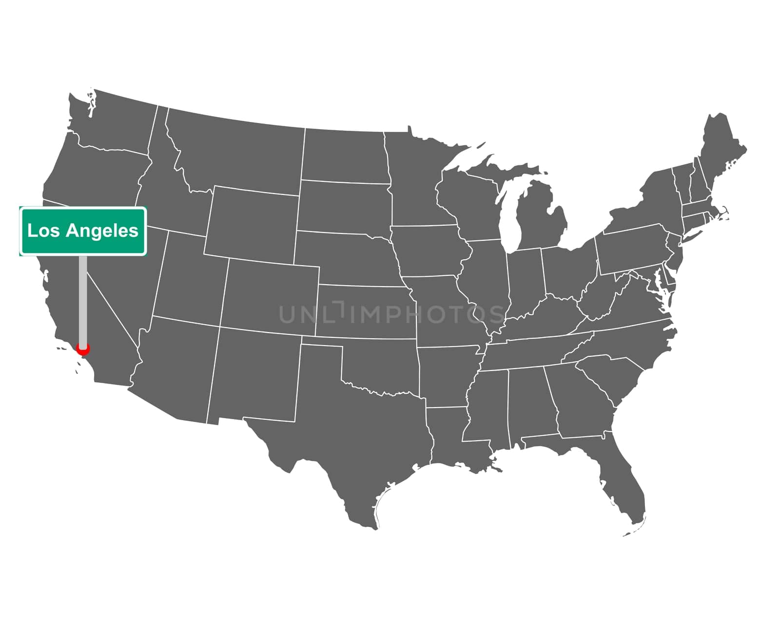 Landkarte der USA mit Orstsschild Los Angeles