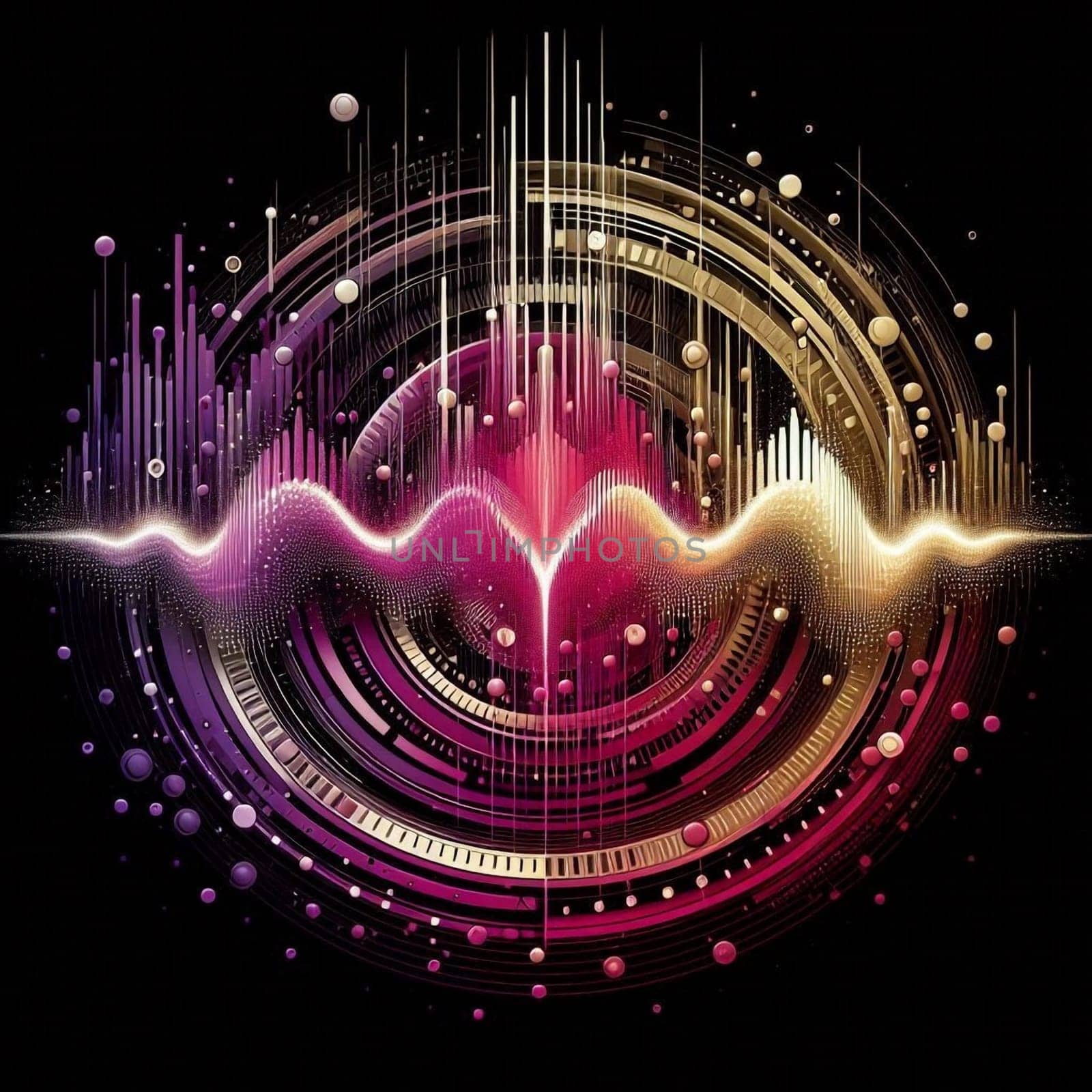 artificial intelligence generated image of an abstract representation of a analog sound frequency showcases colorful spectrum patterns.