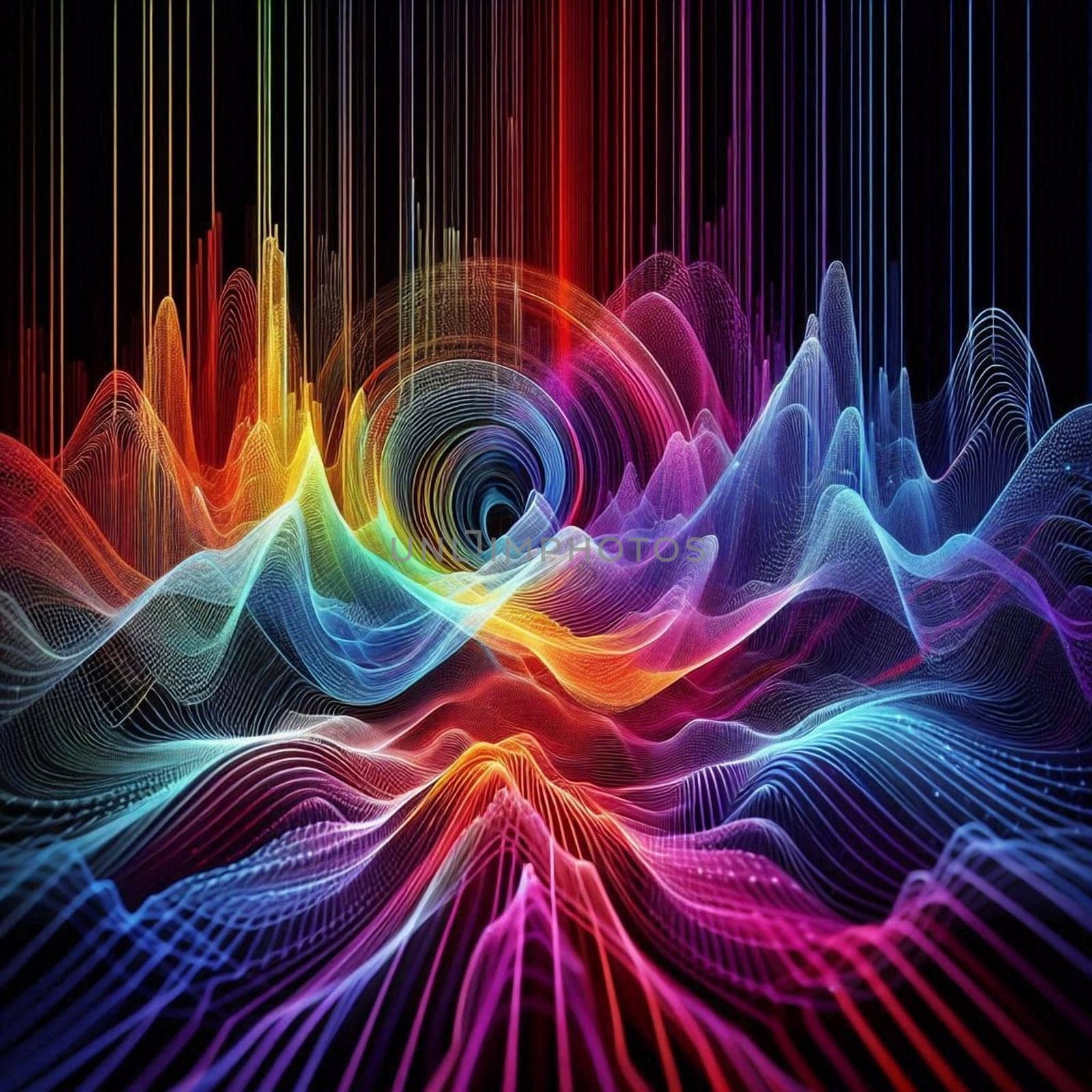 artificial intelligence generated image of an abstract representation of a analog sound frequency showcases colorful spectrum patterns.