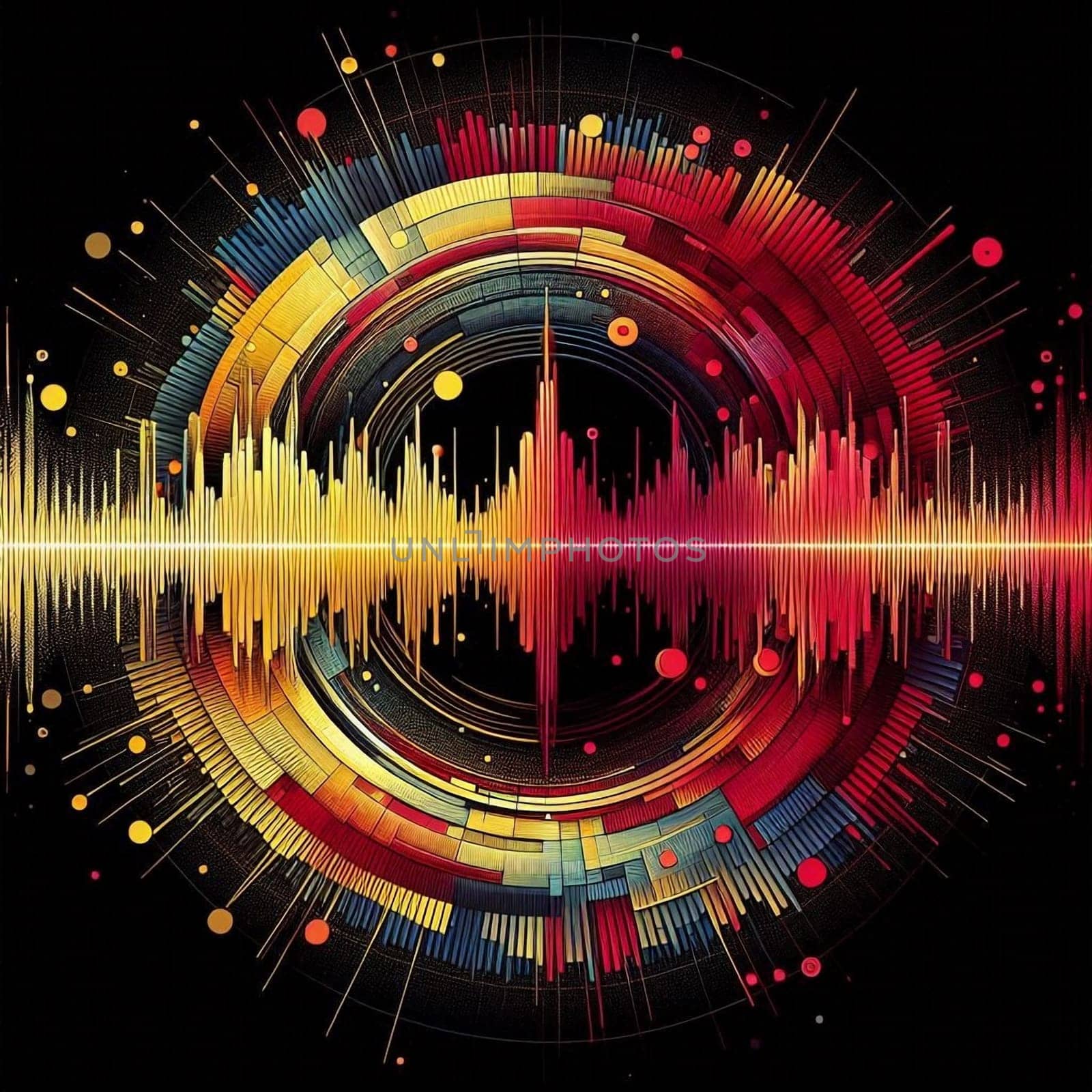 artificial intelligence generated image of an abstract representation of a analog sound frequency showcases colorful spectrum patterns.