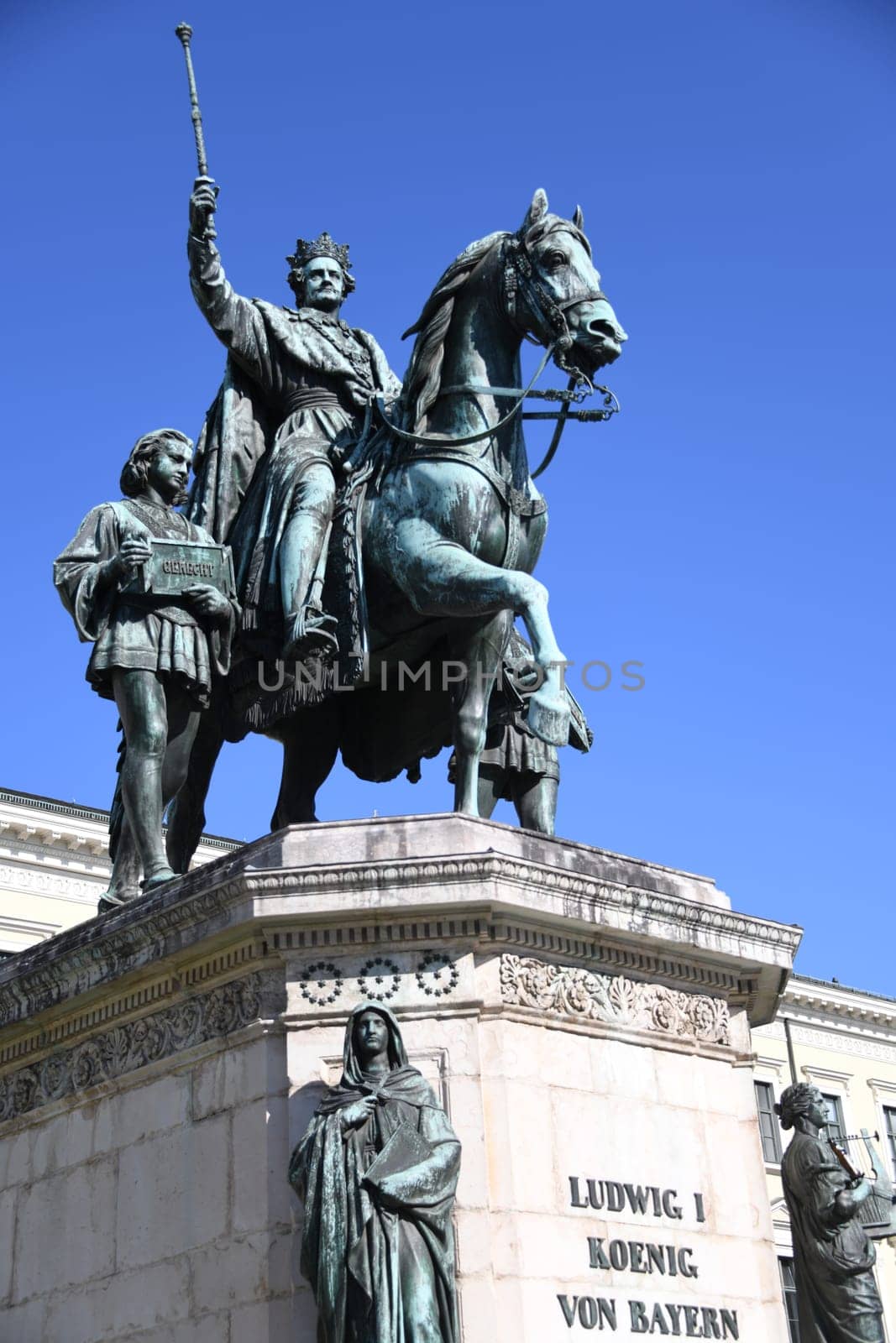 The monument to Ludwig I. King of Bavaria in Munich made of bronze. The equestrian monument was ceremoniously unveiled in 1862 at Odeonsplatz. The rider with a raised sceptre is accompanied by pages who symbolize the virtues of "justice"" and"
