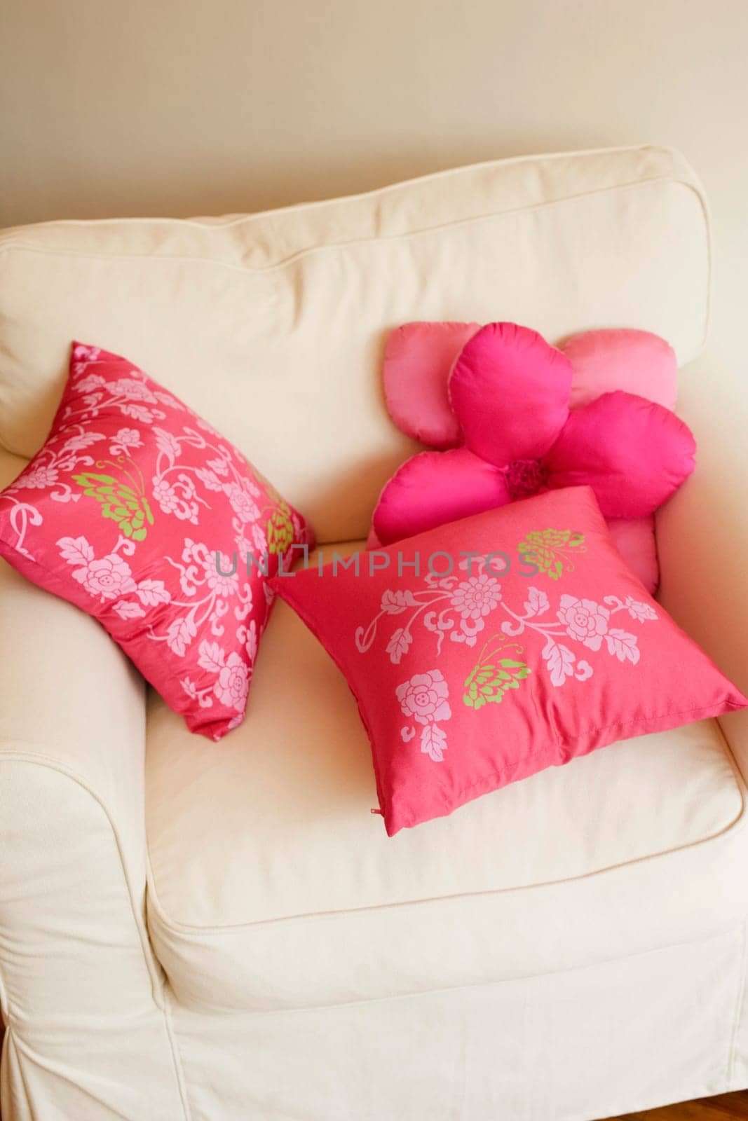 High angle view of cushions on an armchair